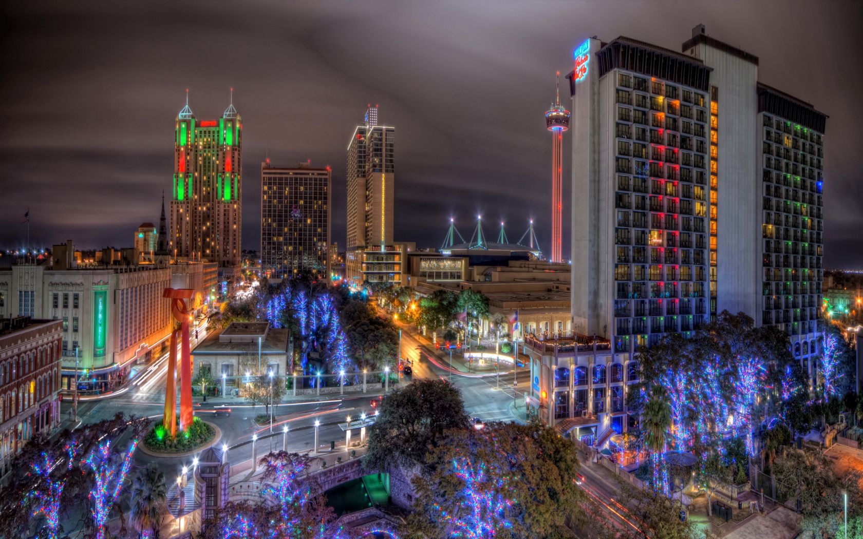 wallpapers san antonio, cities, trees, night, colorful, colourful, texas, city decoration, decorations of the city