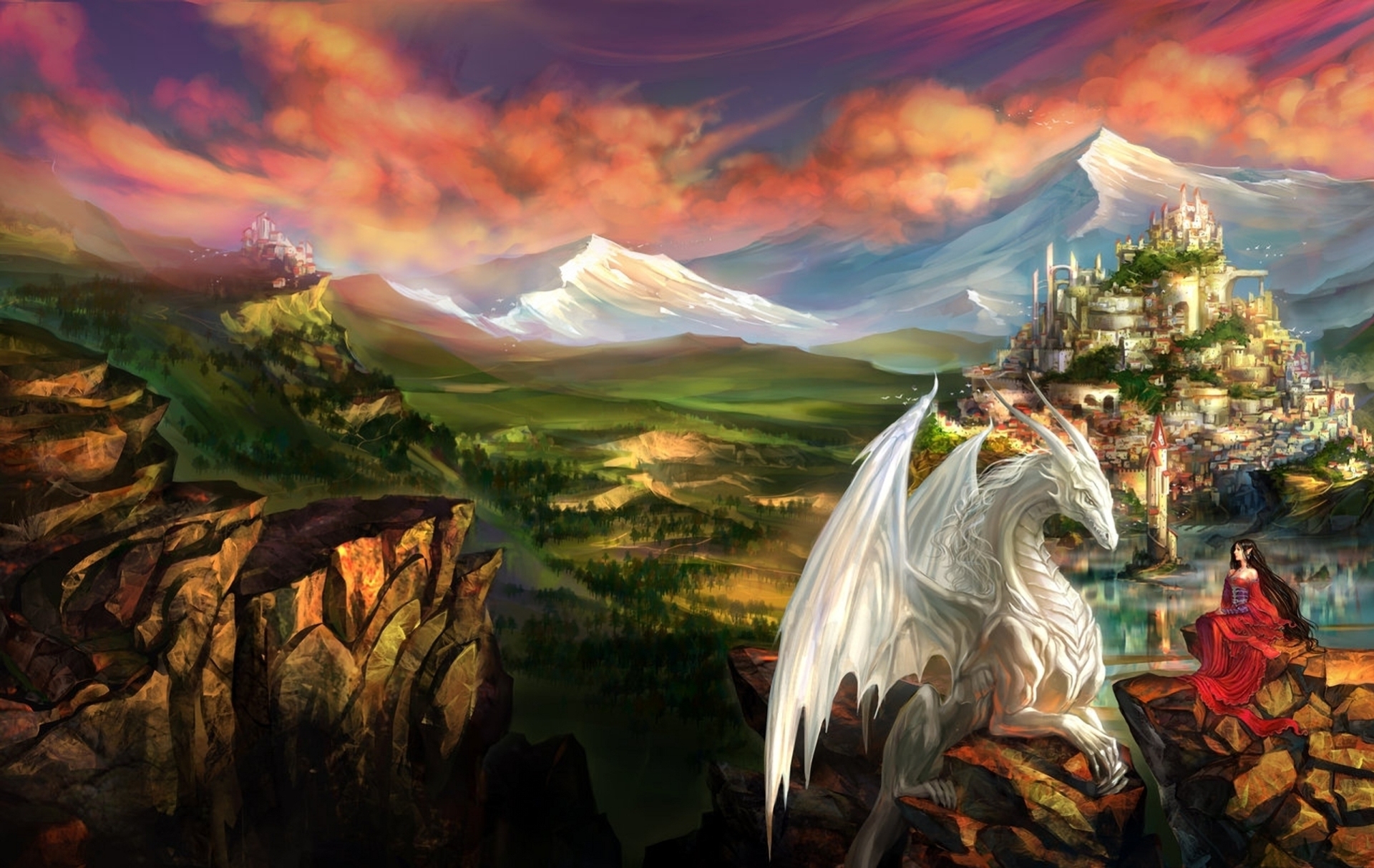 Free download wallpaper Mountains, Lock, Princess, Dragon, Landscape, Fantasy on your PC desktop