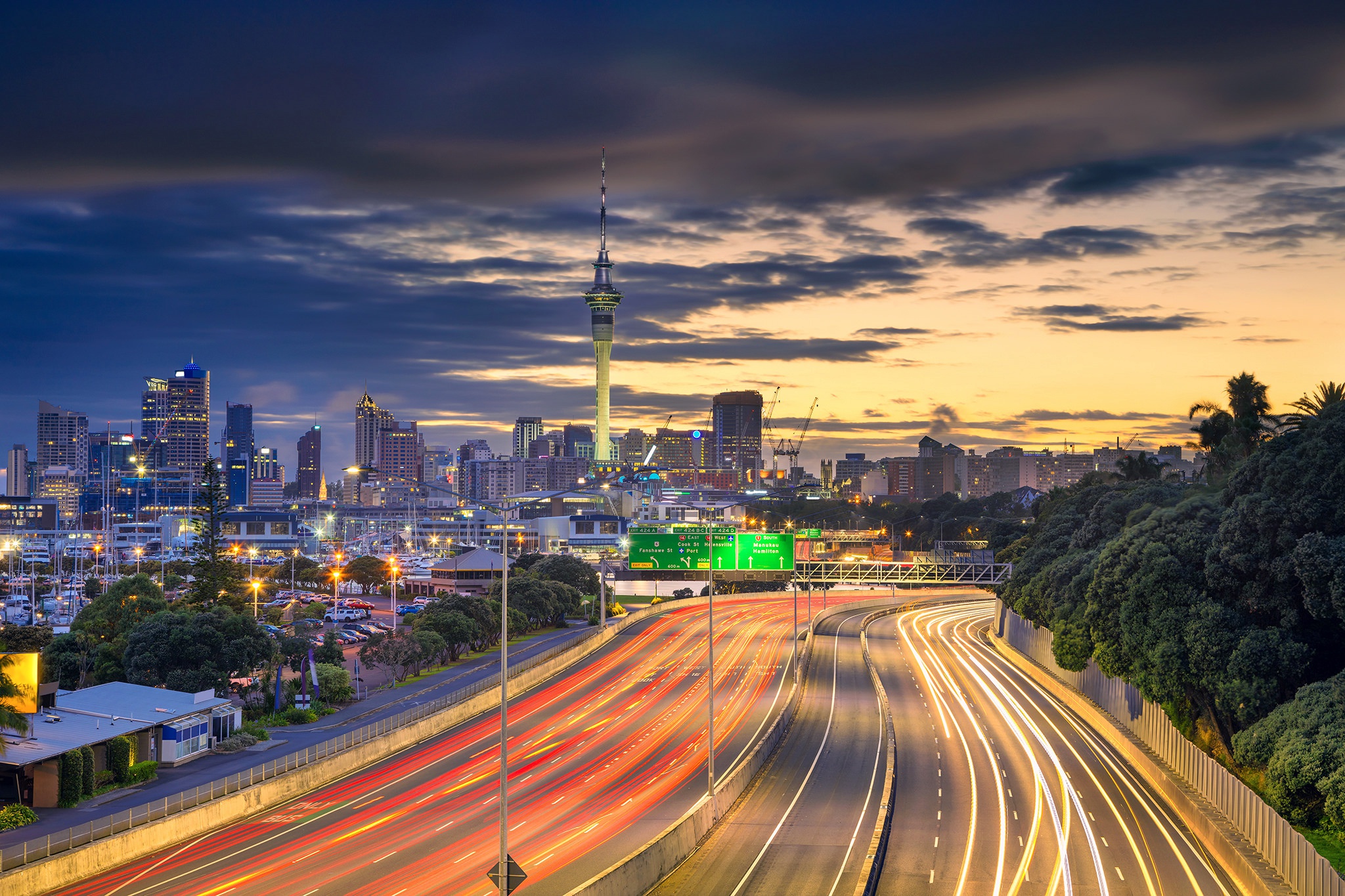 Download mobile wallpaper Cities, City, Skyscraper, Building, New Zealand, Road, Auckland, Highway, Man Made, Time Lapse for free.