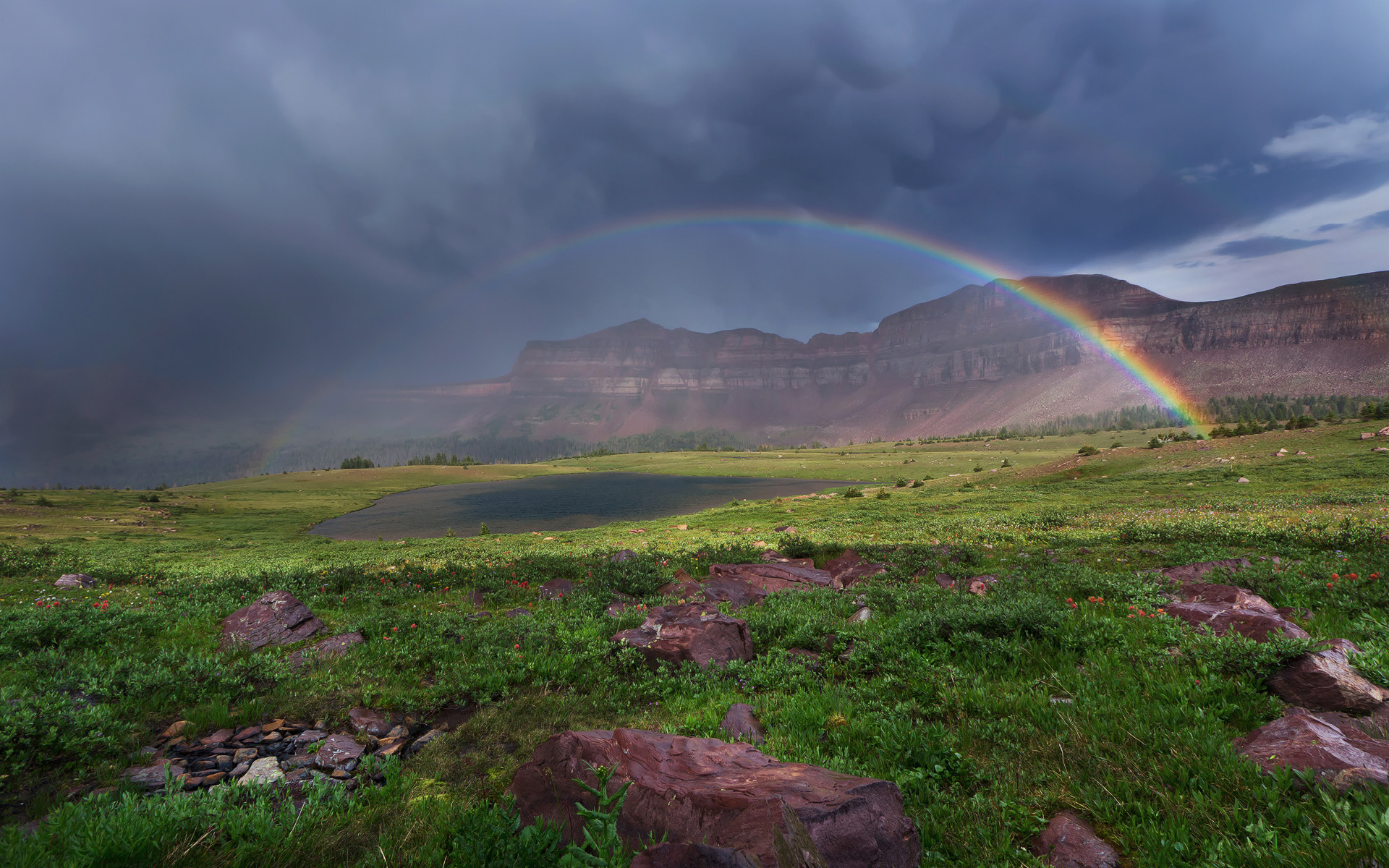 Free download wallpaper Landscape, Rain, Rainbow, Mountain, Earth, Scenic on your PC desktop