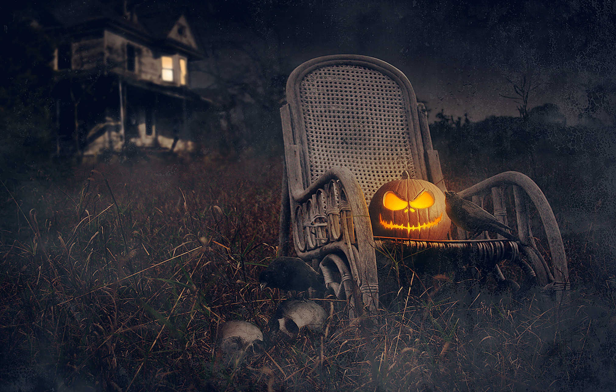 Download mobile wallpaper Halloween, Night, Chair, Holiday, House, Jack O' Lantern for free.