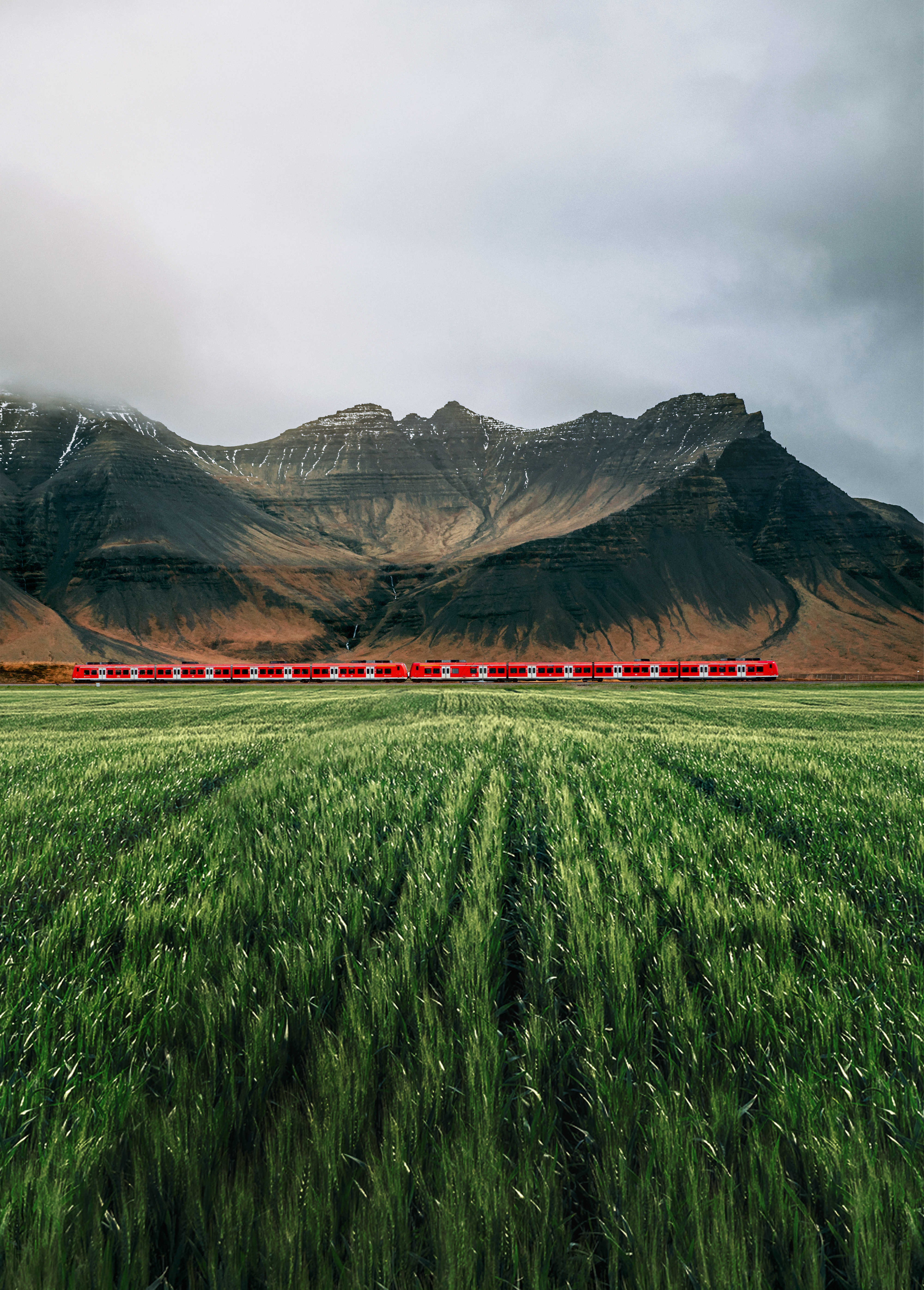 train, nature, grass, mountains, rocks, fog