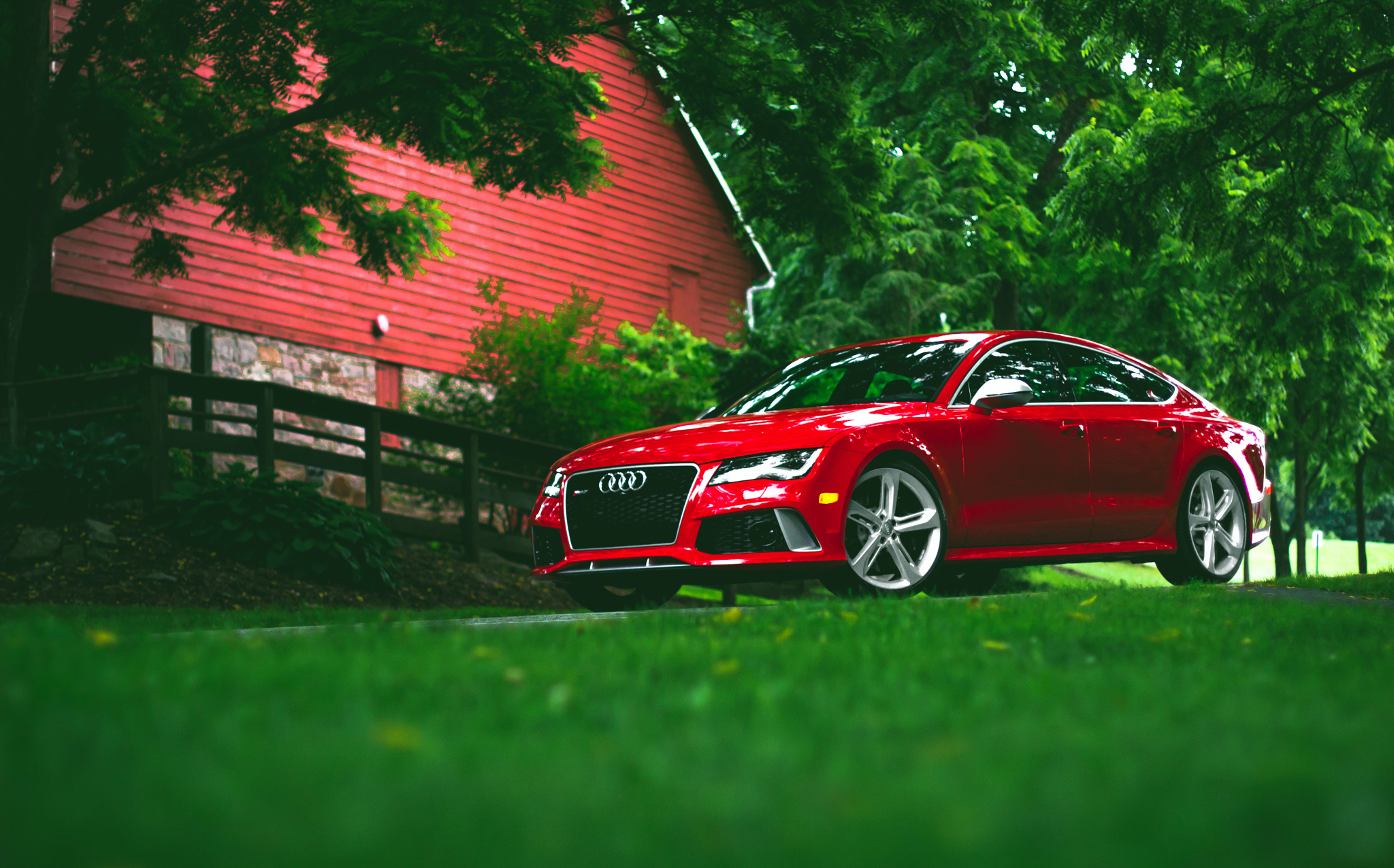 audi, side view, red, grass, cars, rs7