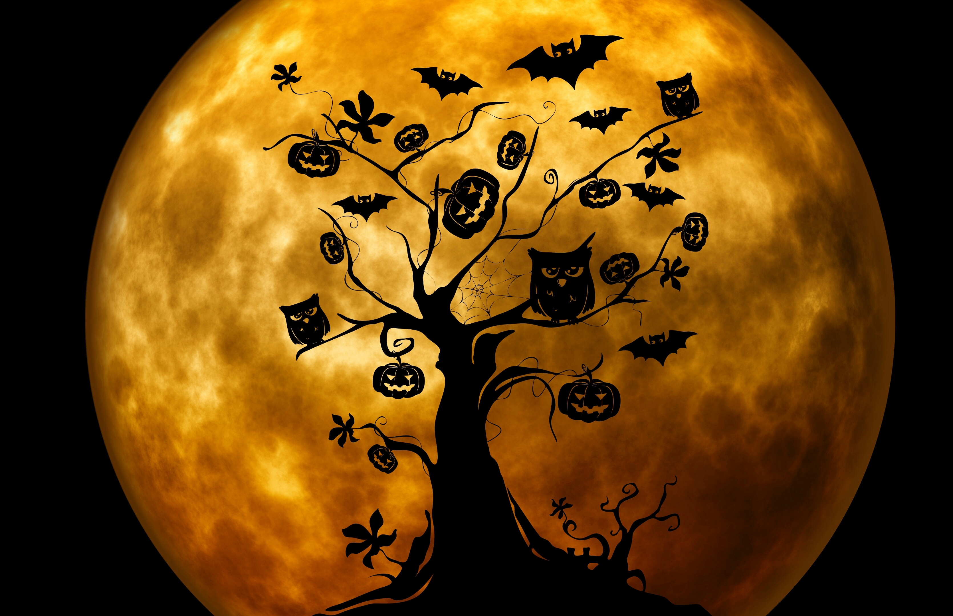 Download mobile wallpaper Halloween, Owl, Silhouette, Tree, Holiday, Bat, Jack O' Lantern for free.