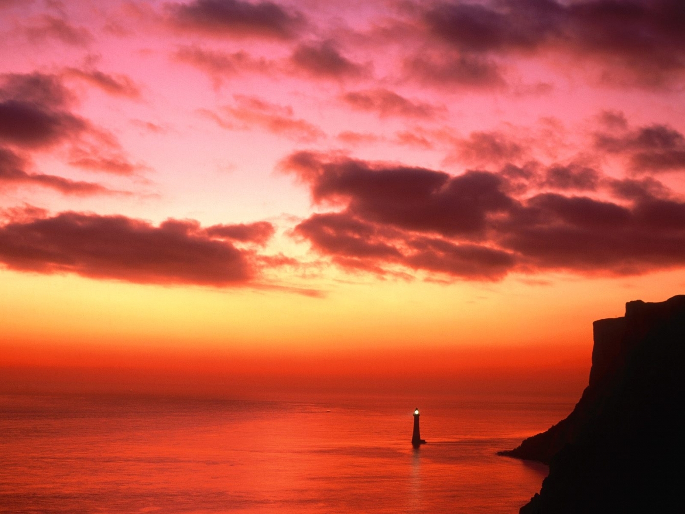 landscape, sunset, sea, lighthouses, red