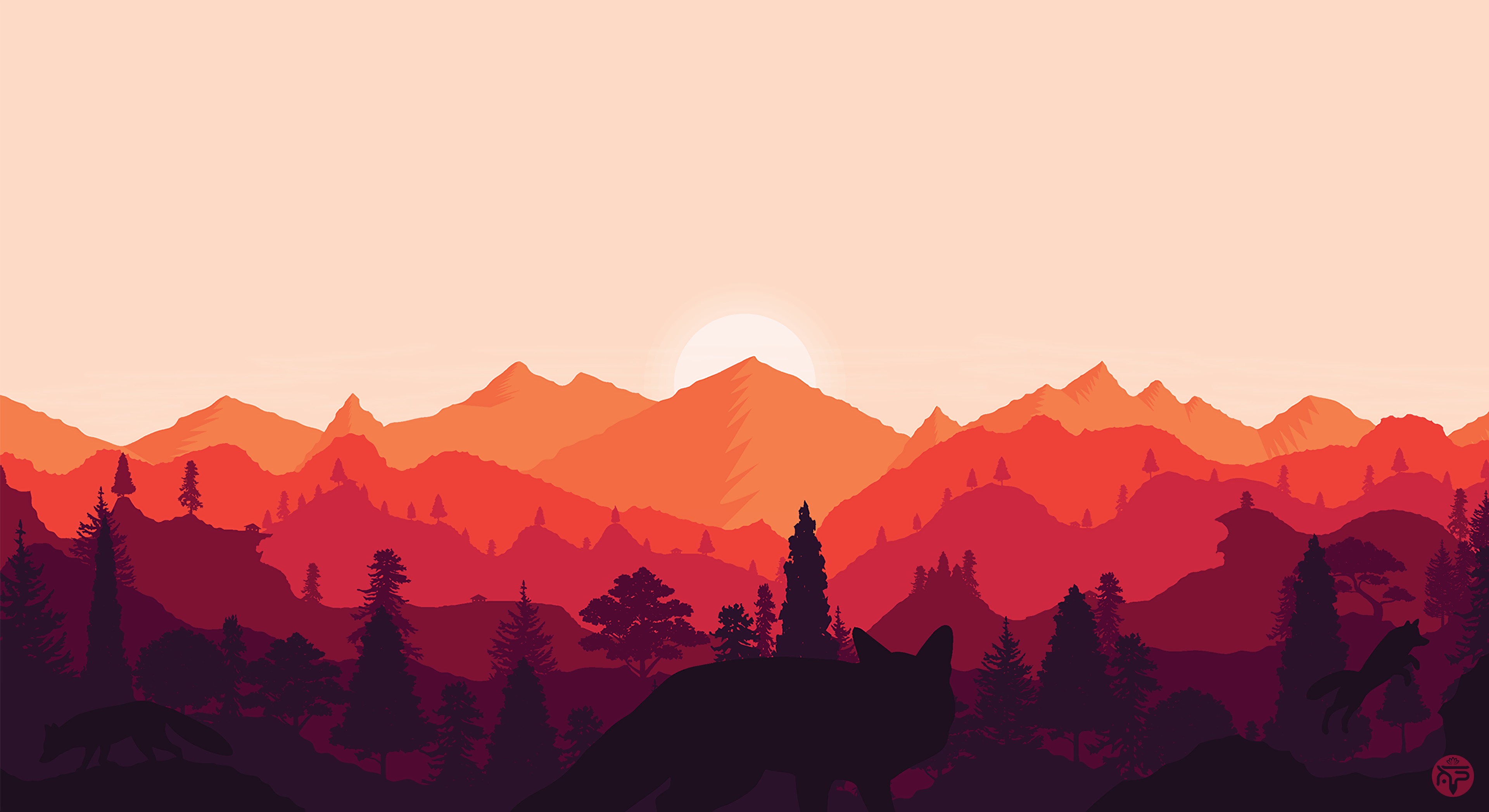 art, vector, fox, sunset, mountains, landscape
