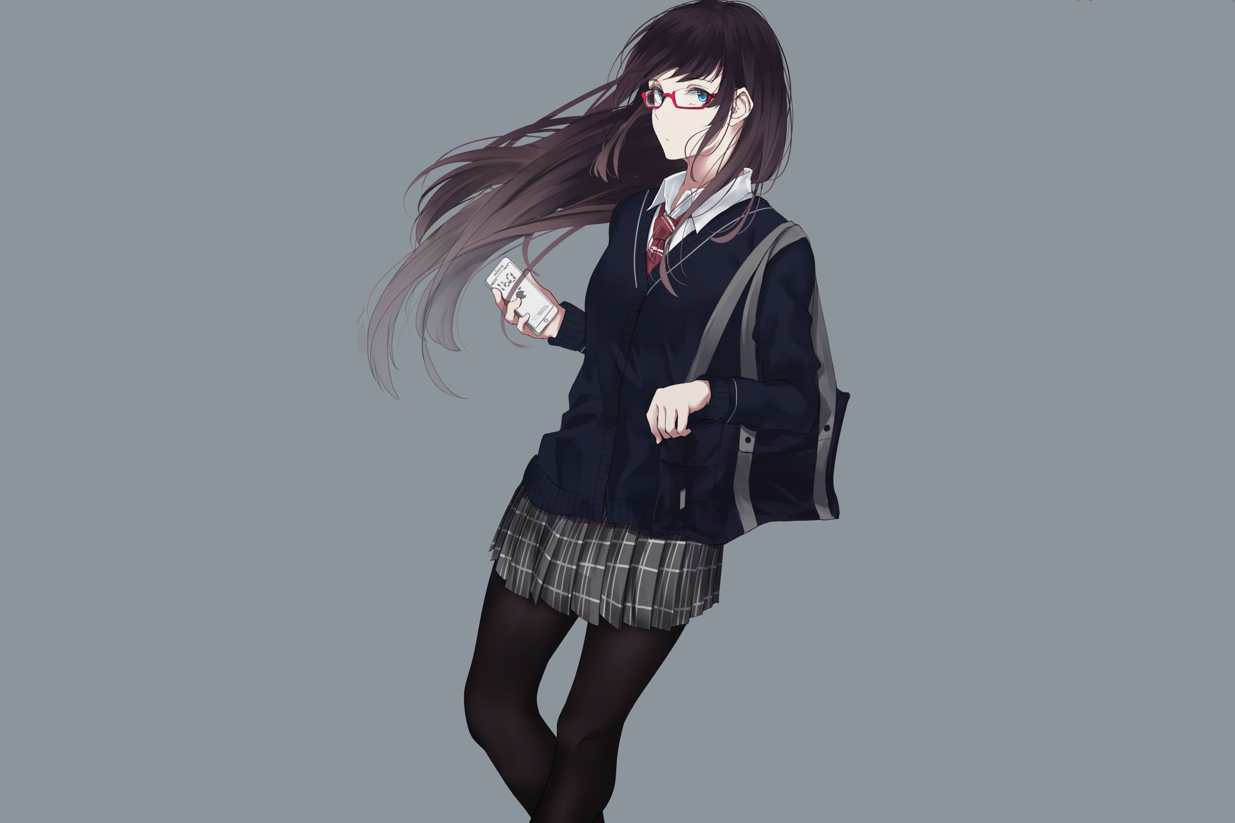 anime, original, black hair, glasses, long hair, pantyhose, school uniform, schoolgirl lock screen backgrounds