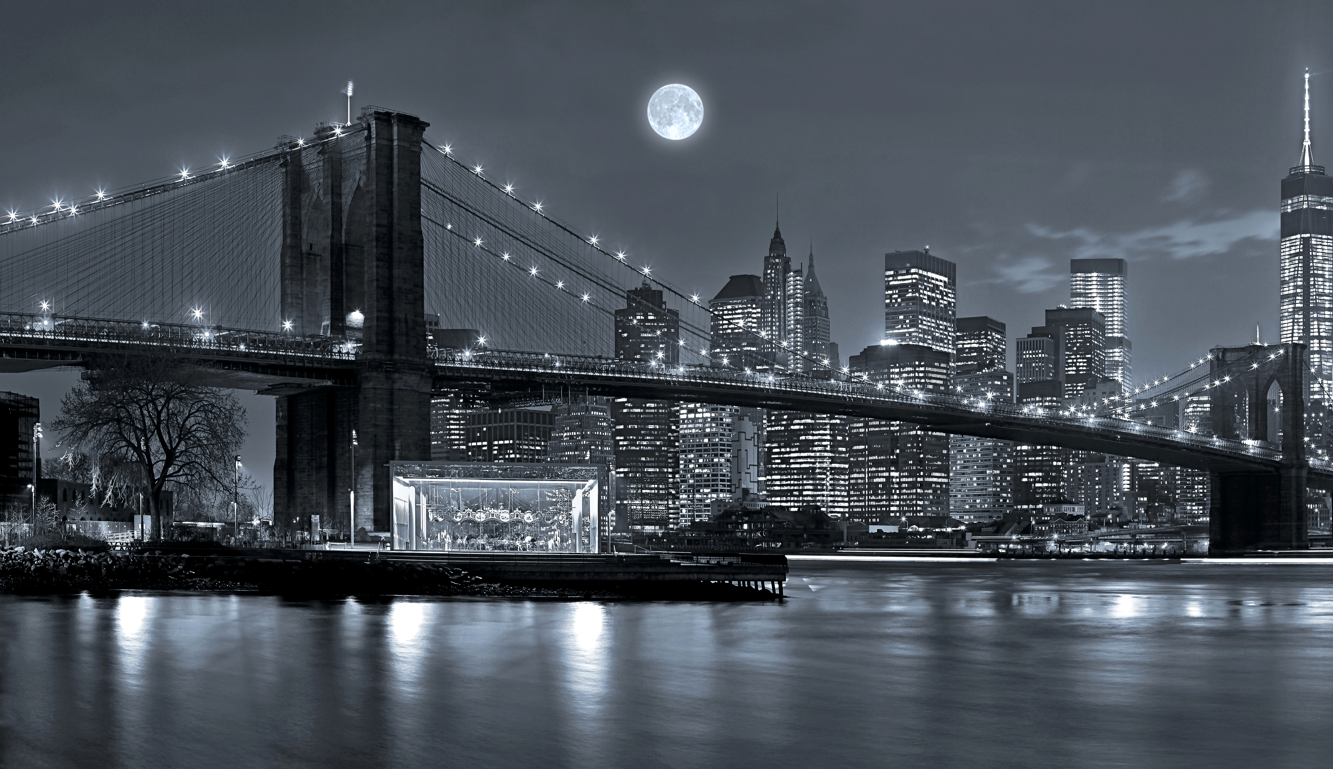 moon, man made, brooklyn bridge, black & white, bridge, building, new york, night, skyscraper, bridges