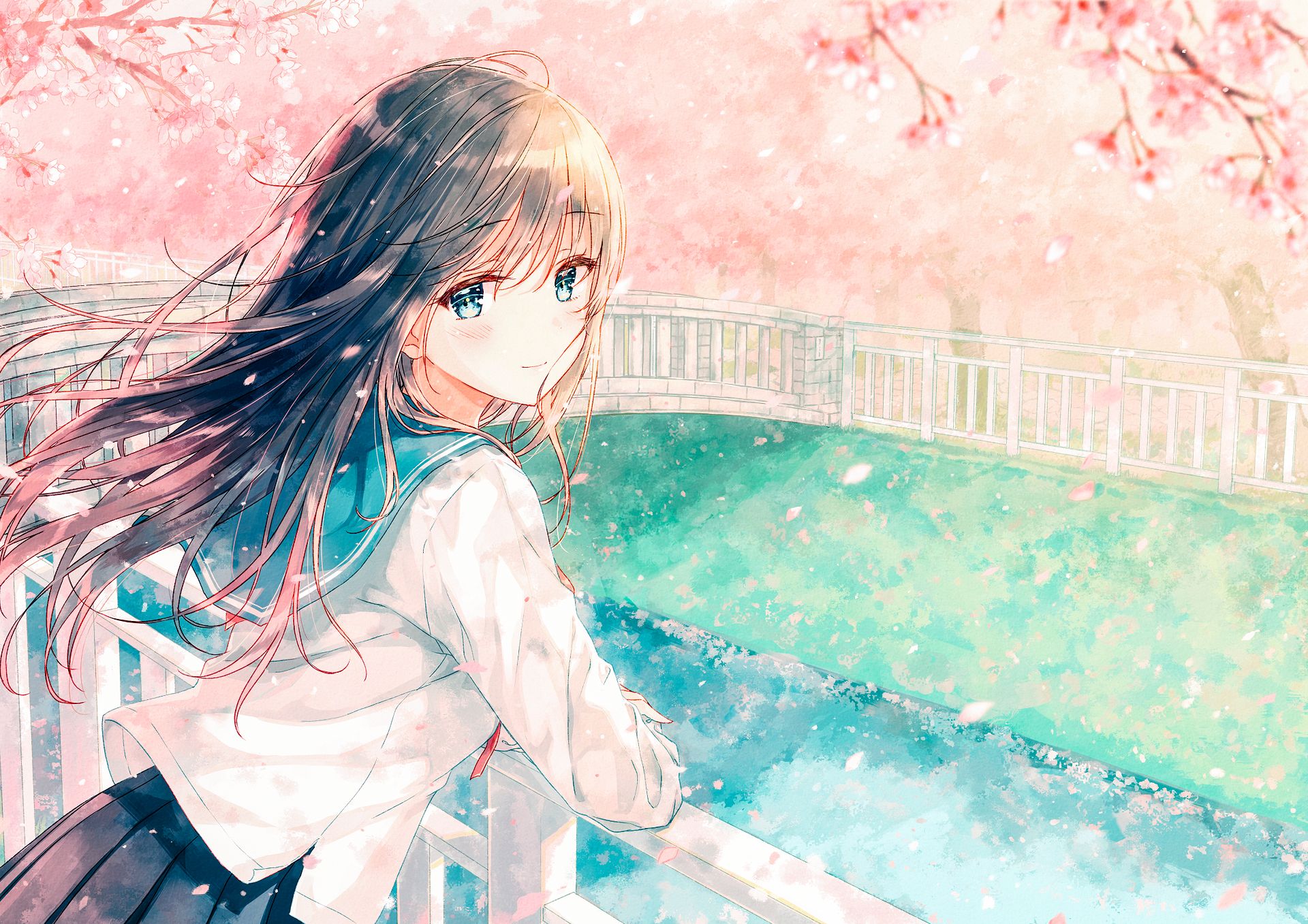 girl, school uniform, blush, long hair, spring, anime, blossom, blue eyes, brown hair, canal, petal