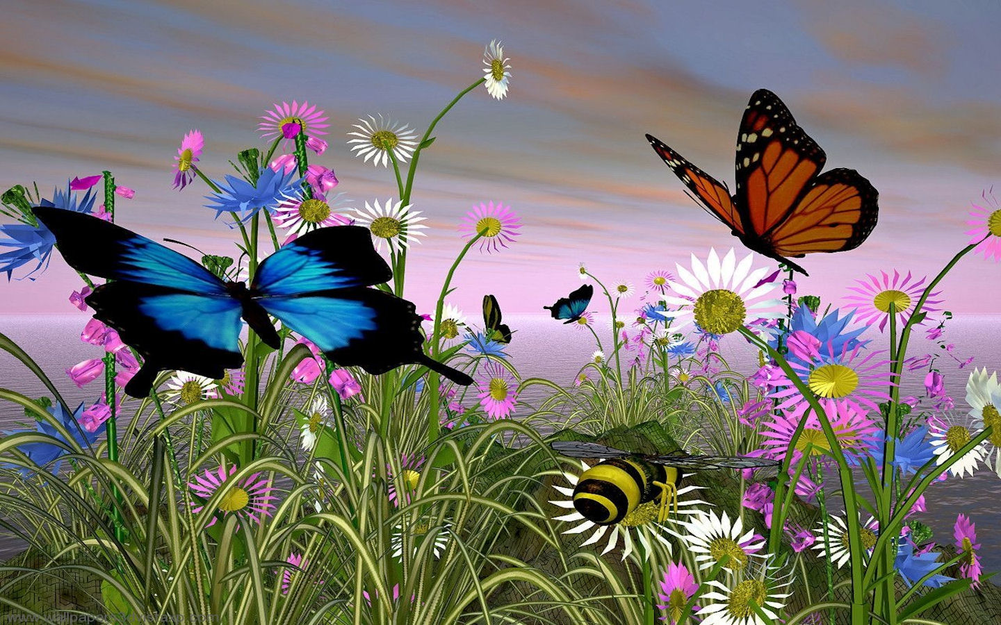 228549 免費下載壁紙 动物, 电脑动画, 蜜蜂, 蝴蝶, 奇幻, 花 屏保和圖片