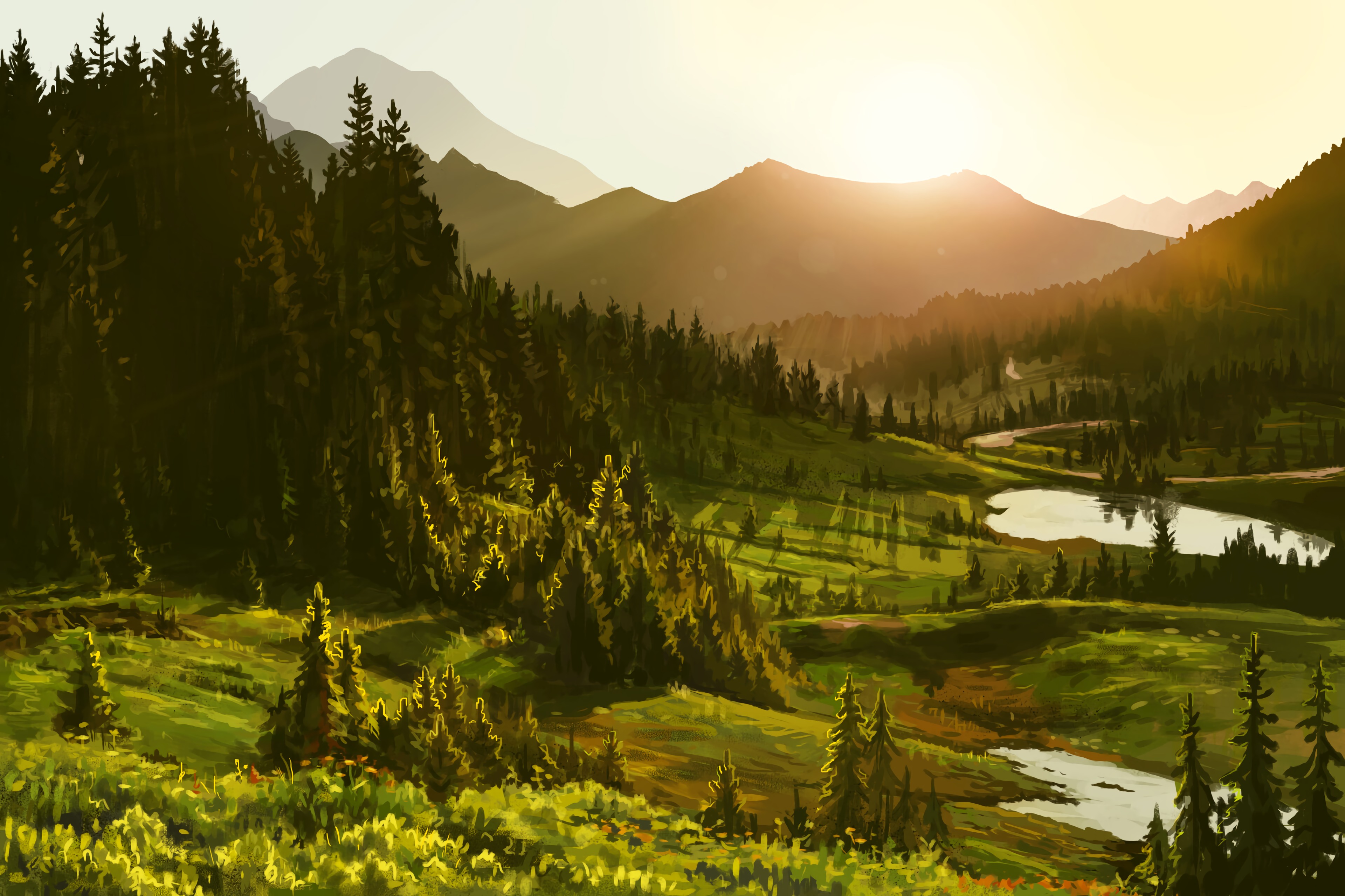 Baixe gratuitamente a imagem Montanhas, Floresta, Arte, Sol na área de trabalho do seu PC