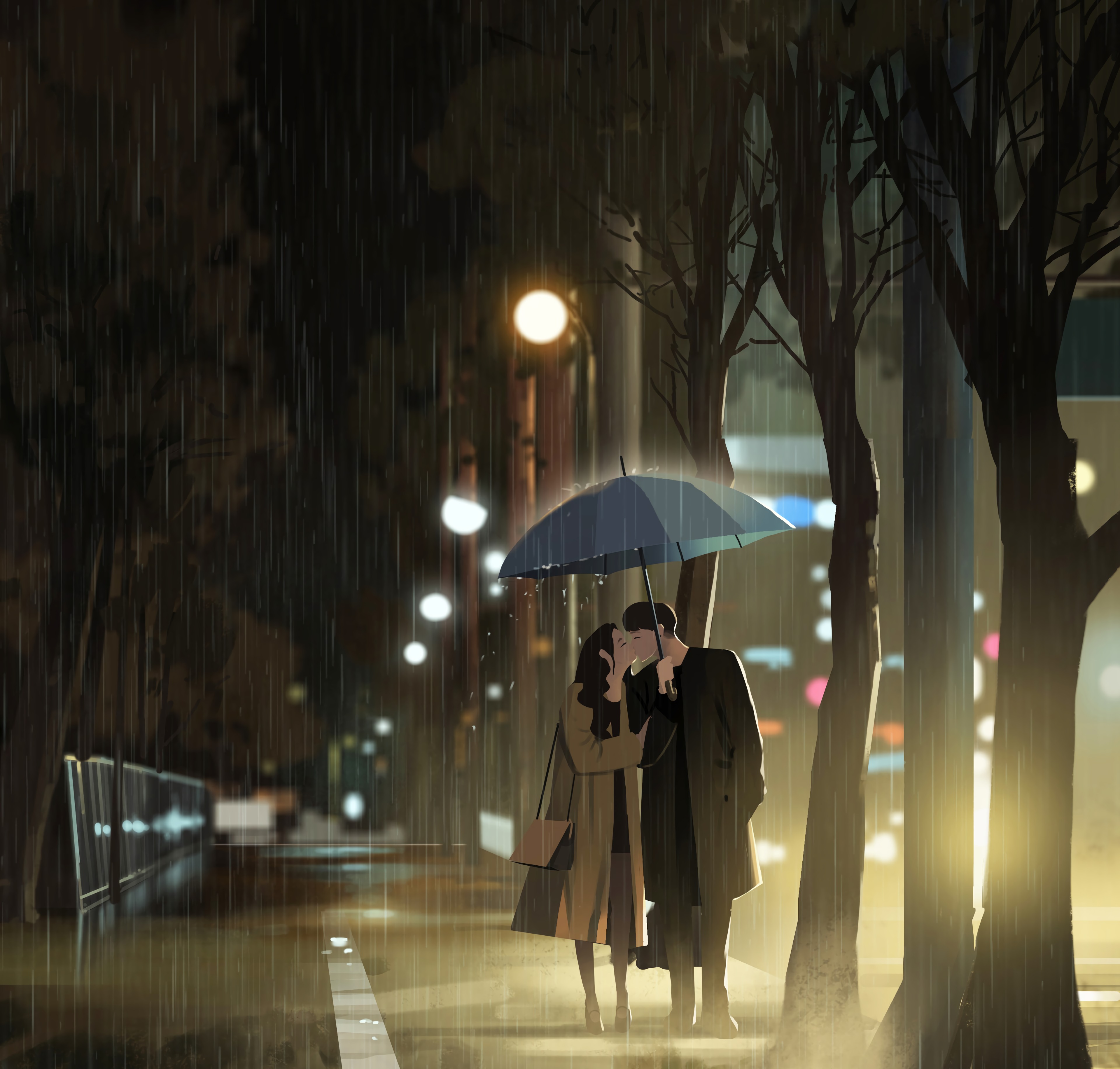 art, kiss, rain, love phone background