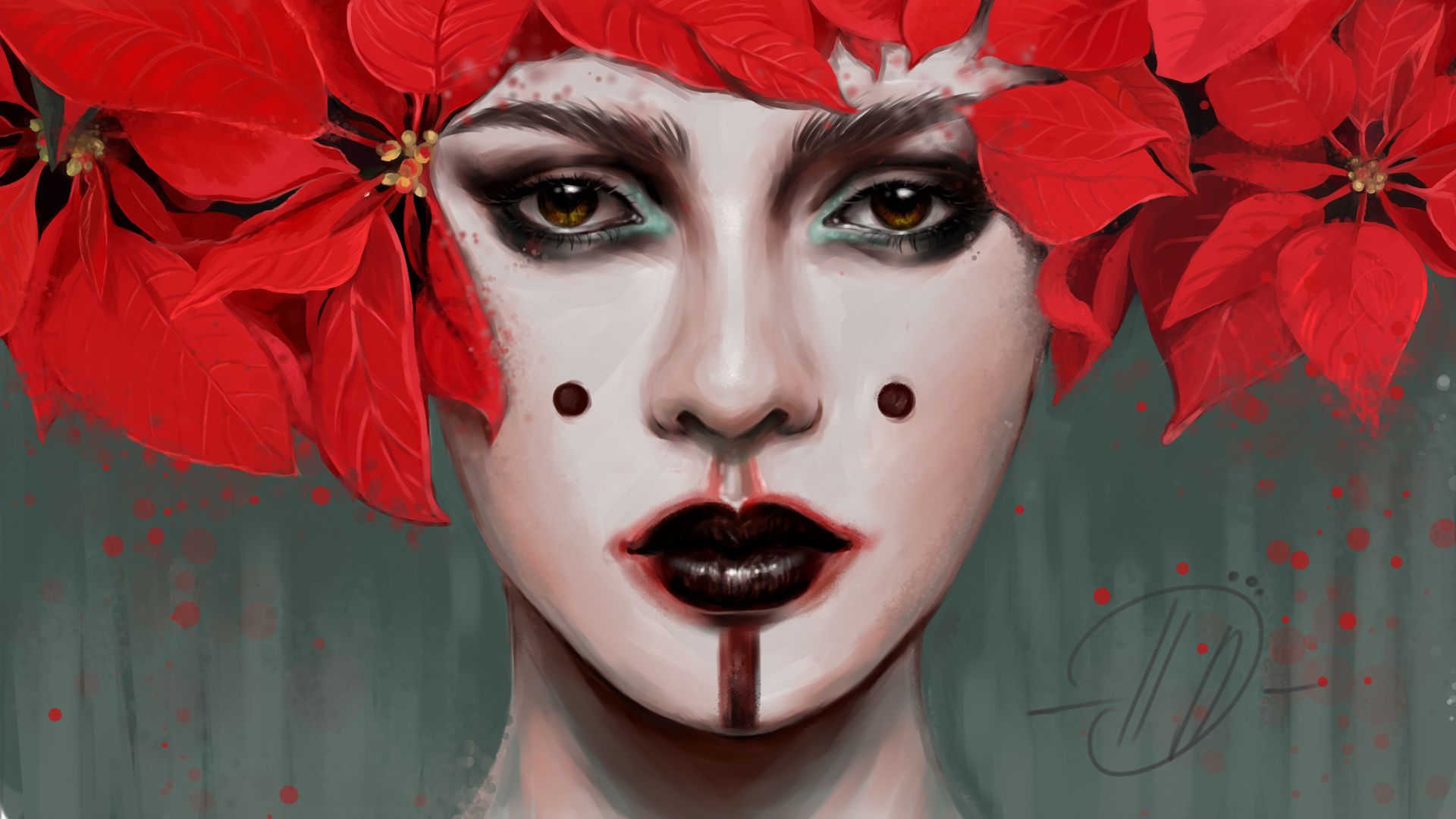 1920x1080 Background women, artistic, face, leaf, lipstick, poinsettia
