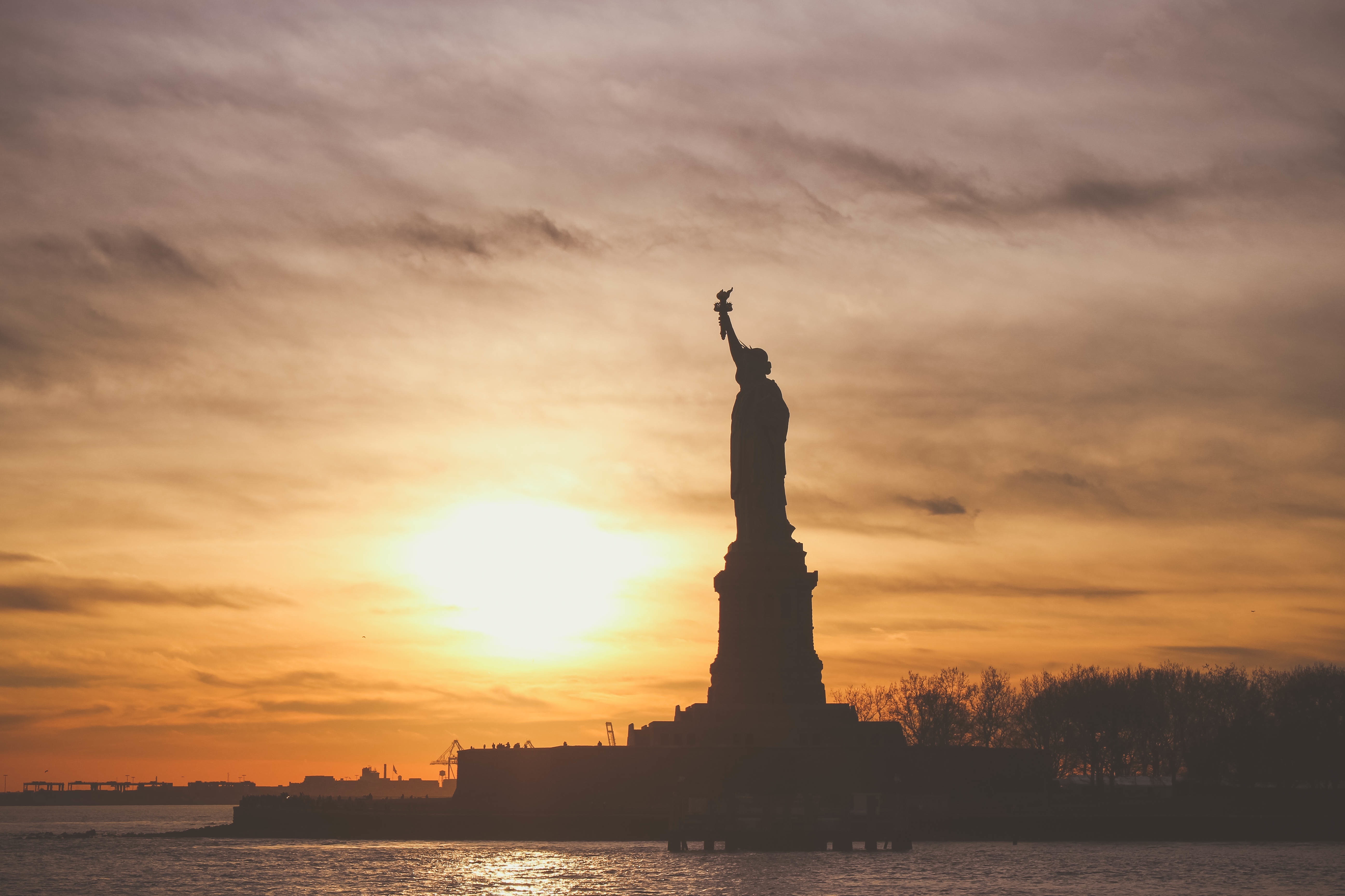 usa, cities, sunset, statue of liberty, united states, sculpture, america Full HD