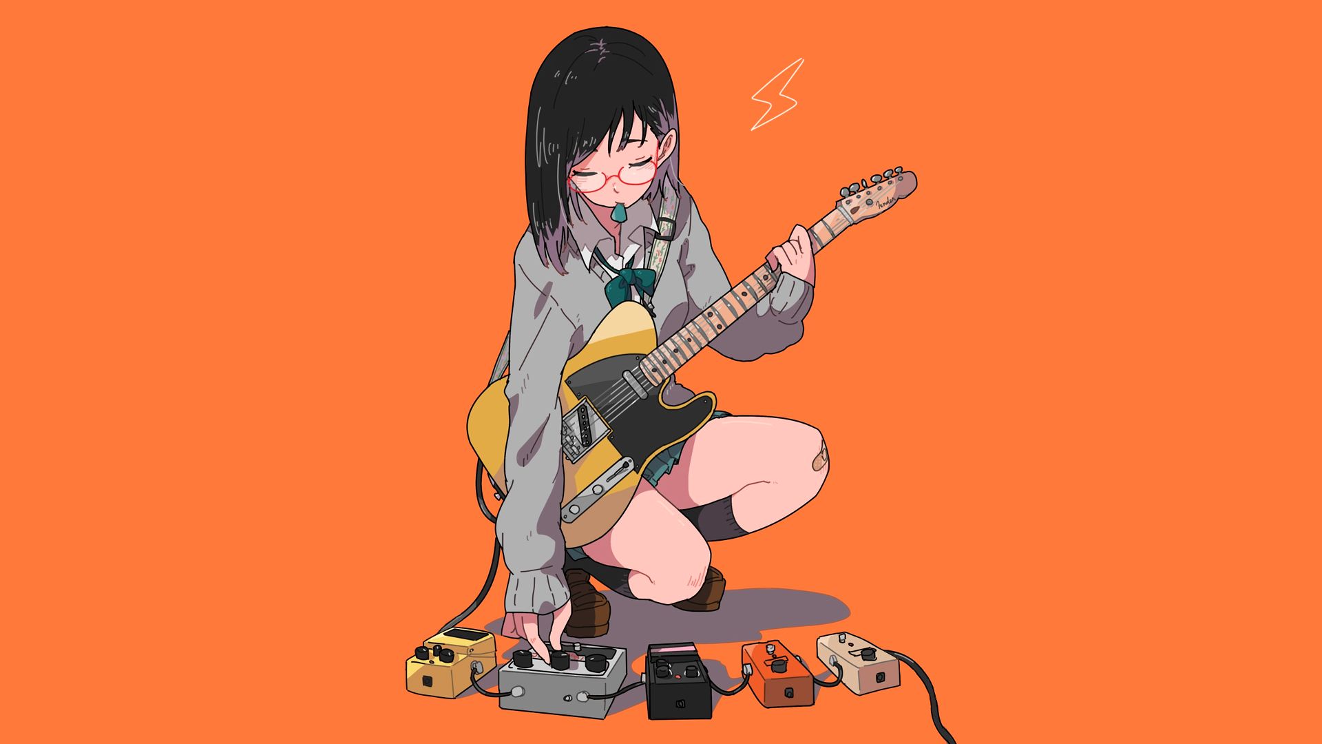 anime, girl, glasses, guitarist, schoolgirl