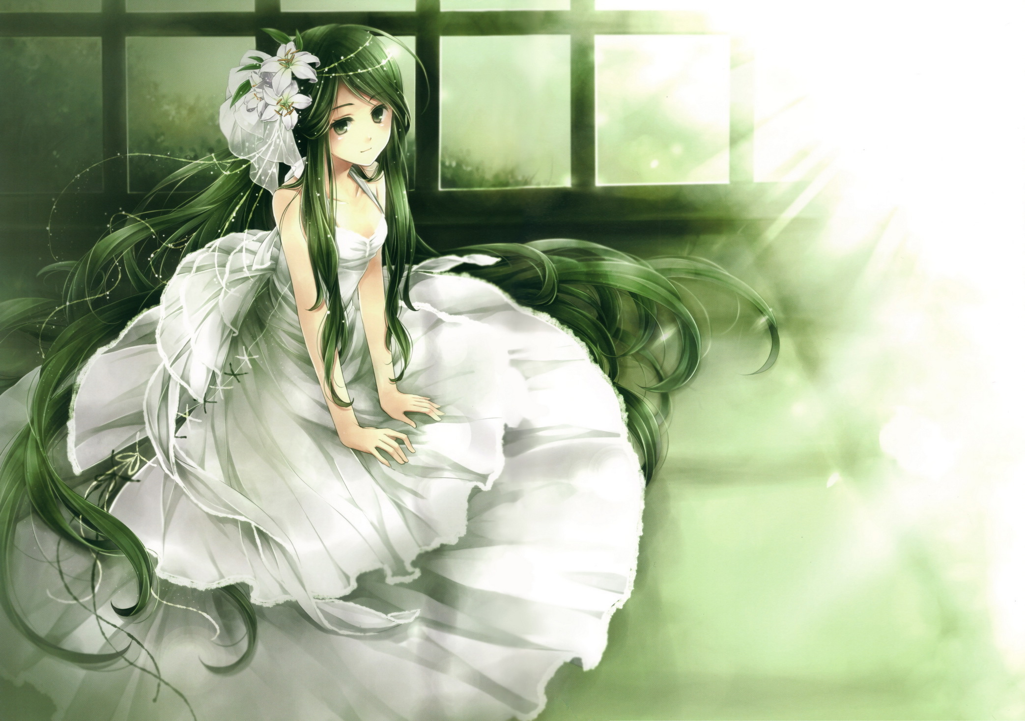 girl, dress, anime, bride, green eyes, green hair, wedding HD wallpaper