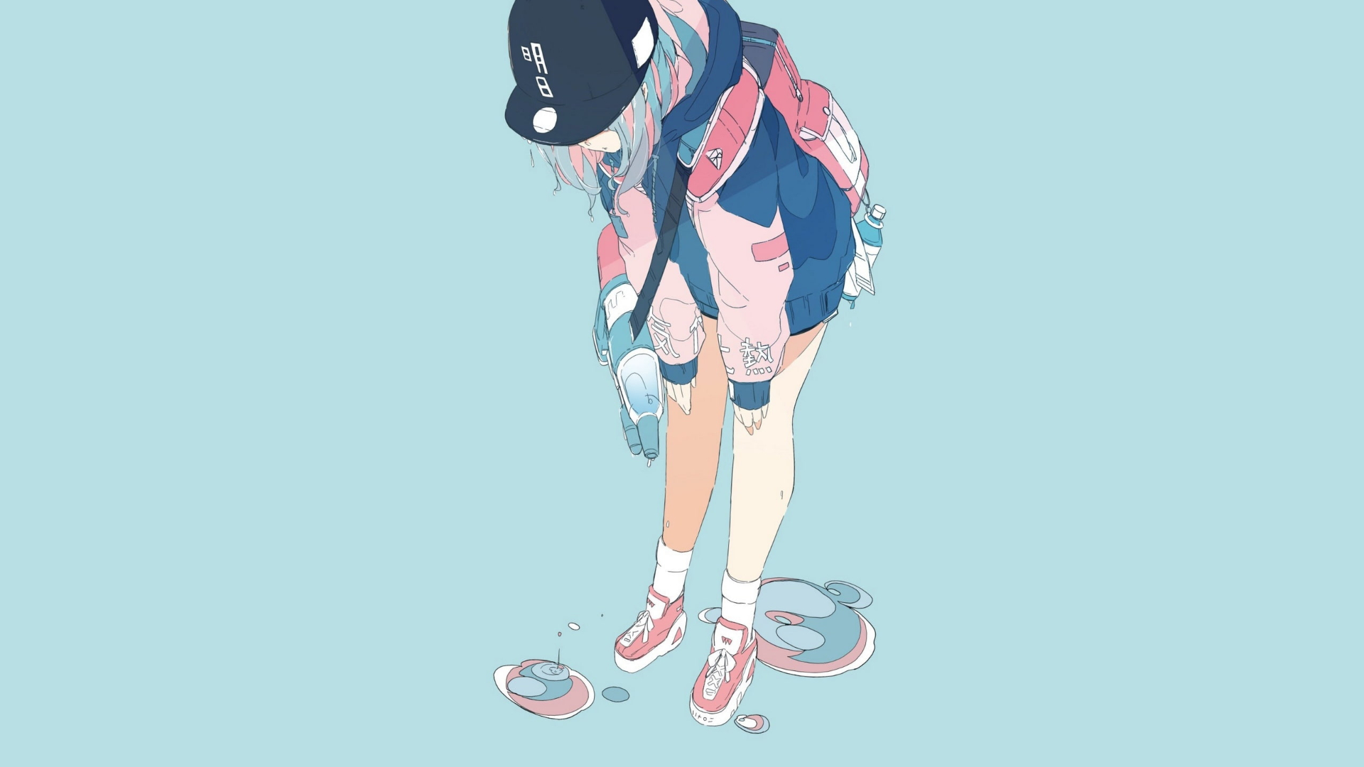 anime, original, backpack, blue hair, hat, water HD wallpaper