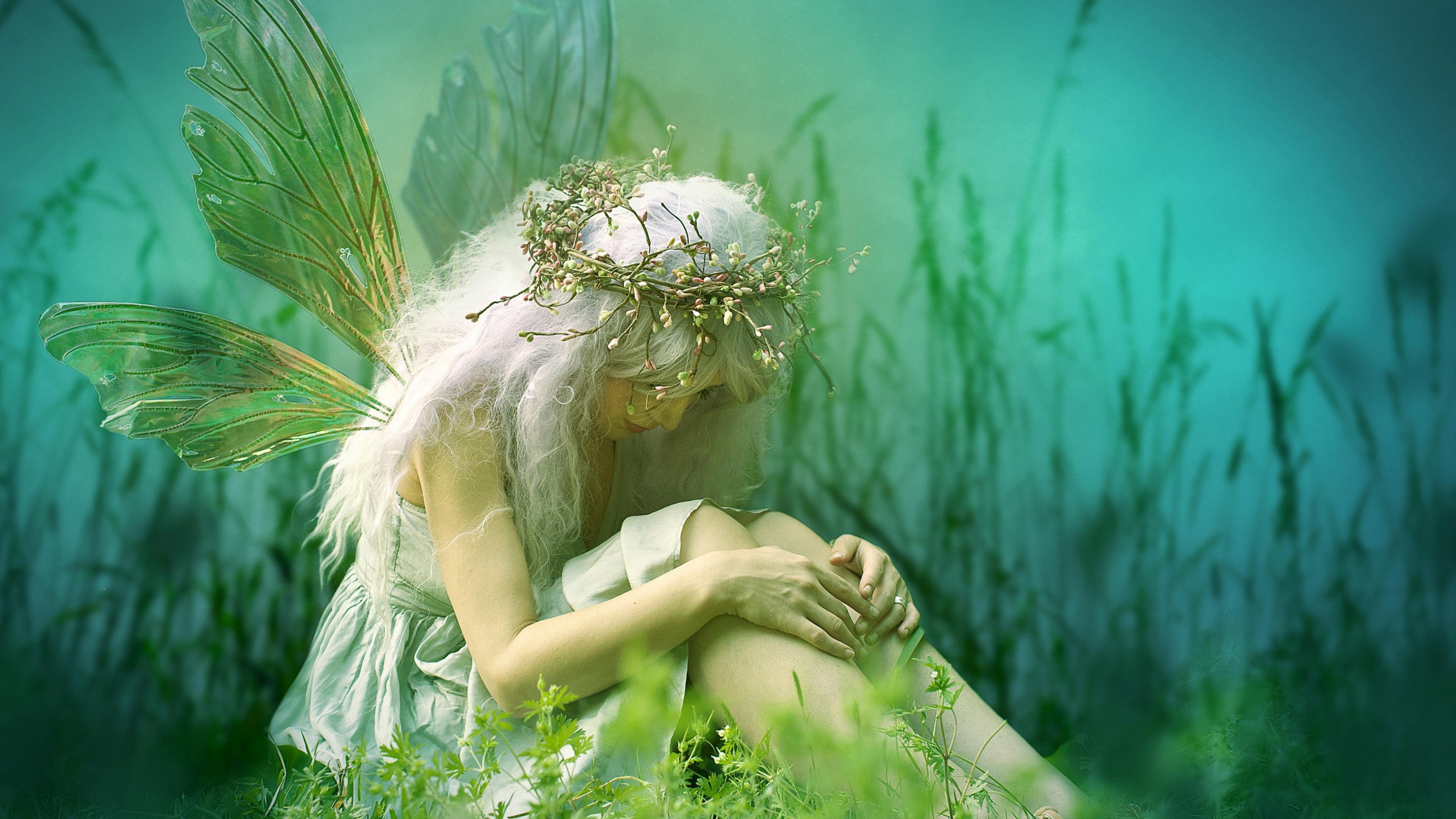 sad, fairy, fantasy, wings, wreath