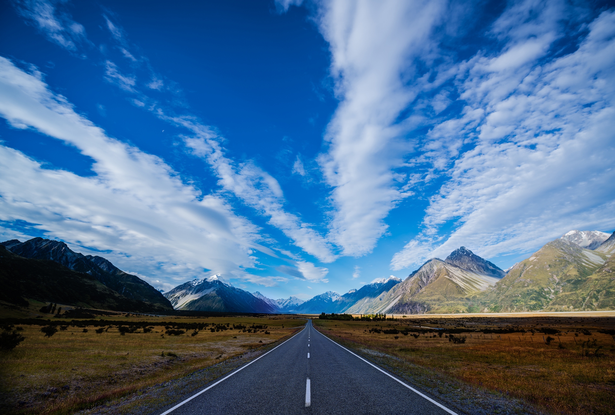 new zealand, highway, nature, sky, mountains, clouds, blue, road, track, route HD wallpaper