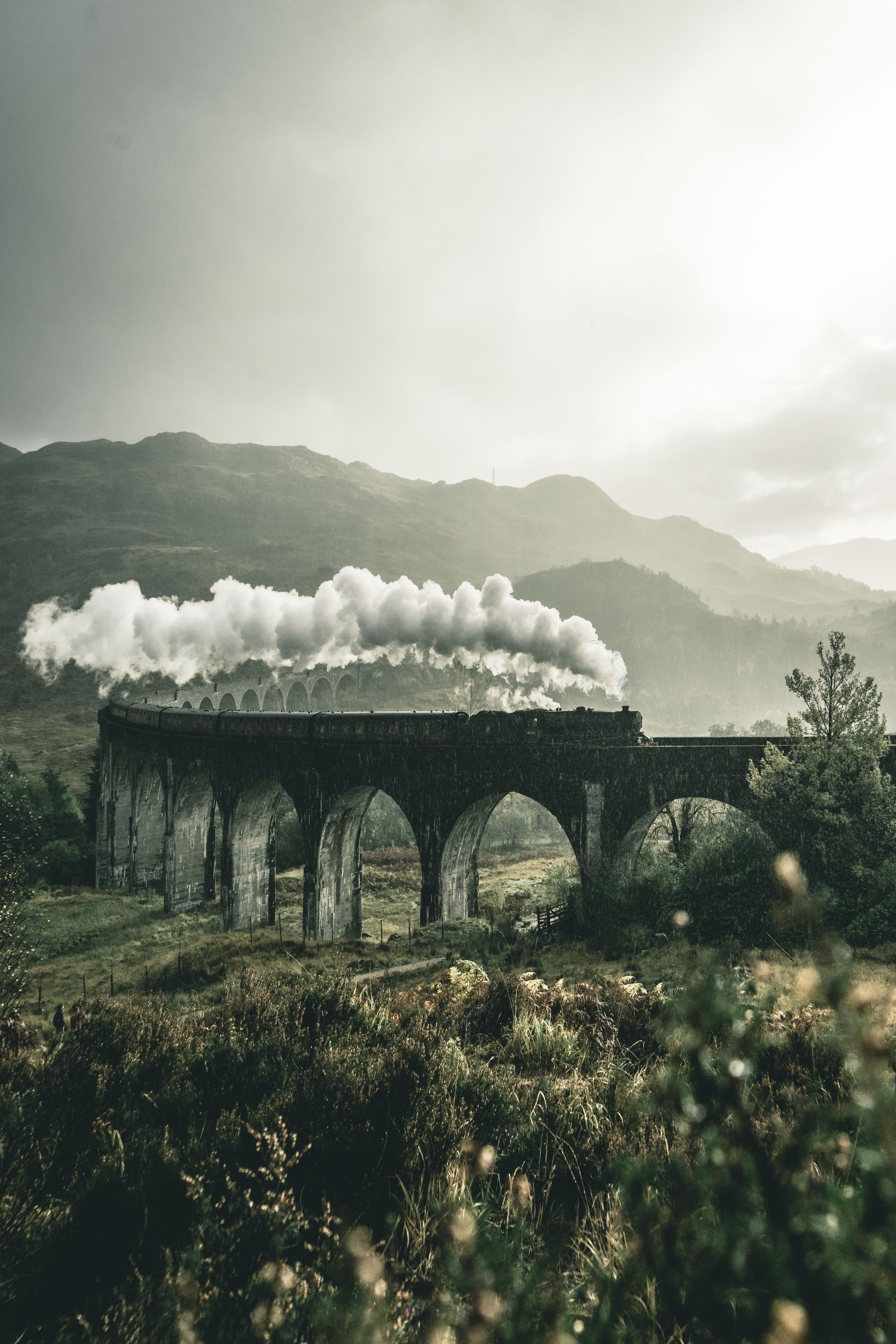 railway, great britain, united kingdom, smoke, bridge, nature, mountains, train, glenfinnan, viaduct