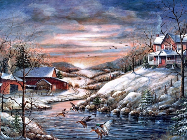 1386937 免費下載壁紙 艺术, 冬季, 河, 河流, 绘画, 雪, 鸭子, 鸭, 房子, 房屋 屏保和圖片