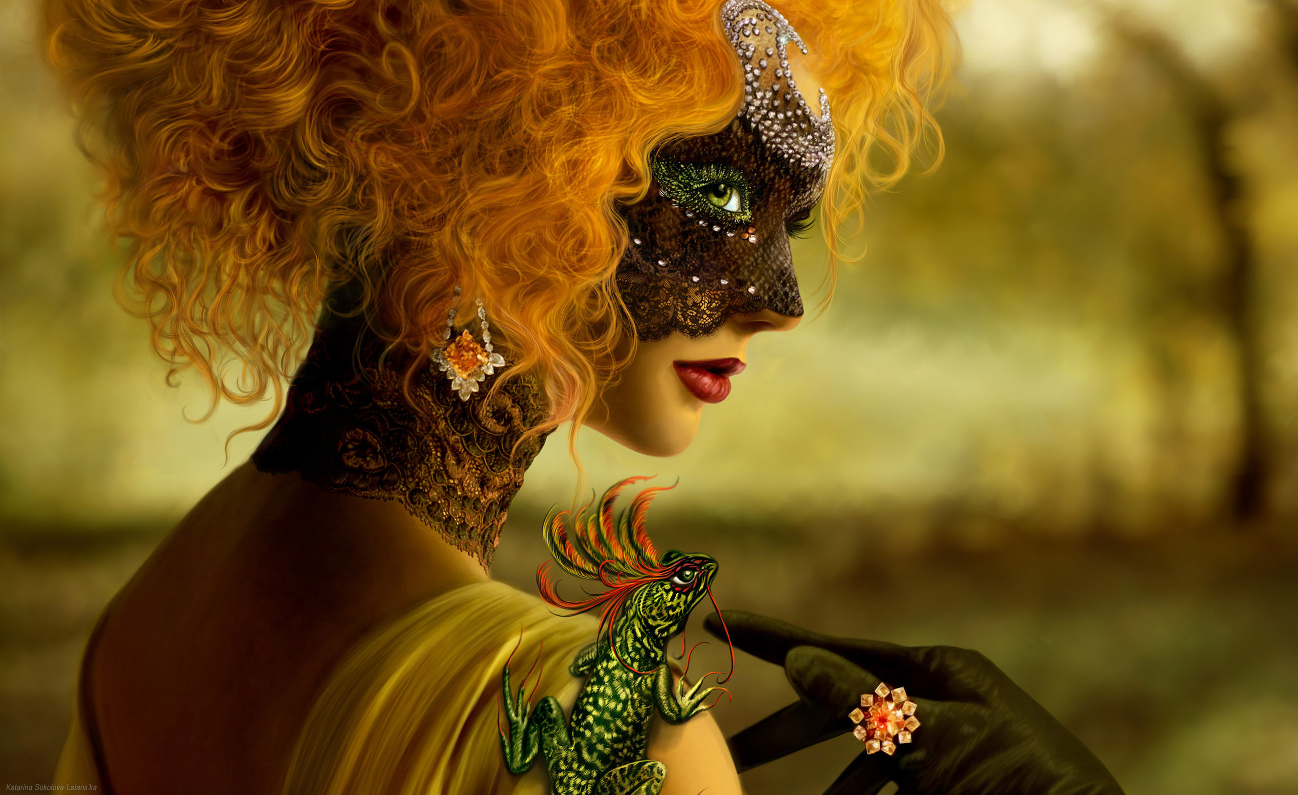fantasy, women, glove, jewelry, lipstick, lizard, mask, masquerade, redhead wallpapers for tablet