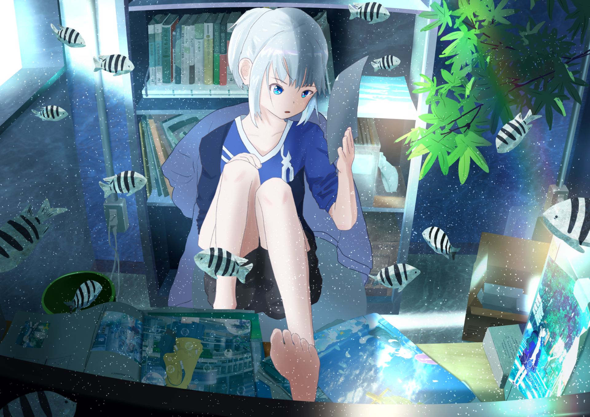 Download mobile wallpaper Anime, Fish, Blue Eyes, Original, White Hair for free.