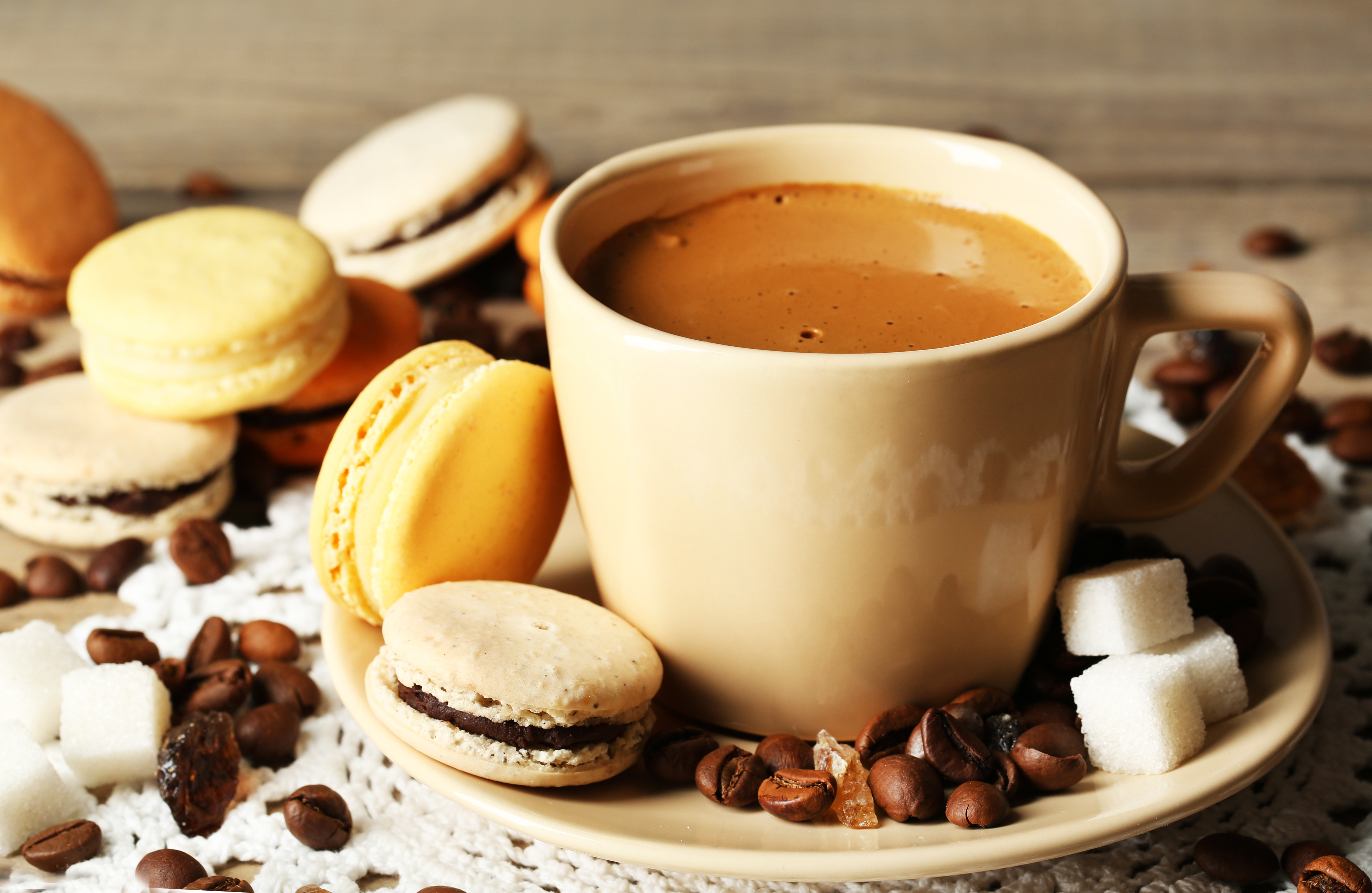 coffee, food, coffee beans, cup, macaron, sugar, sweets High Definition image