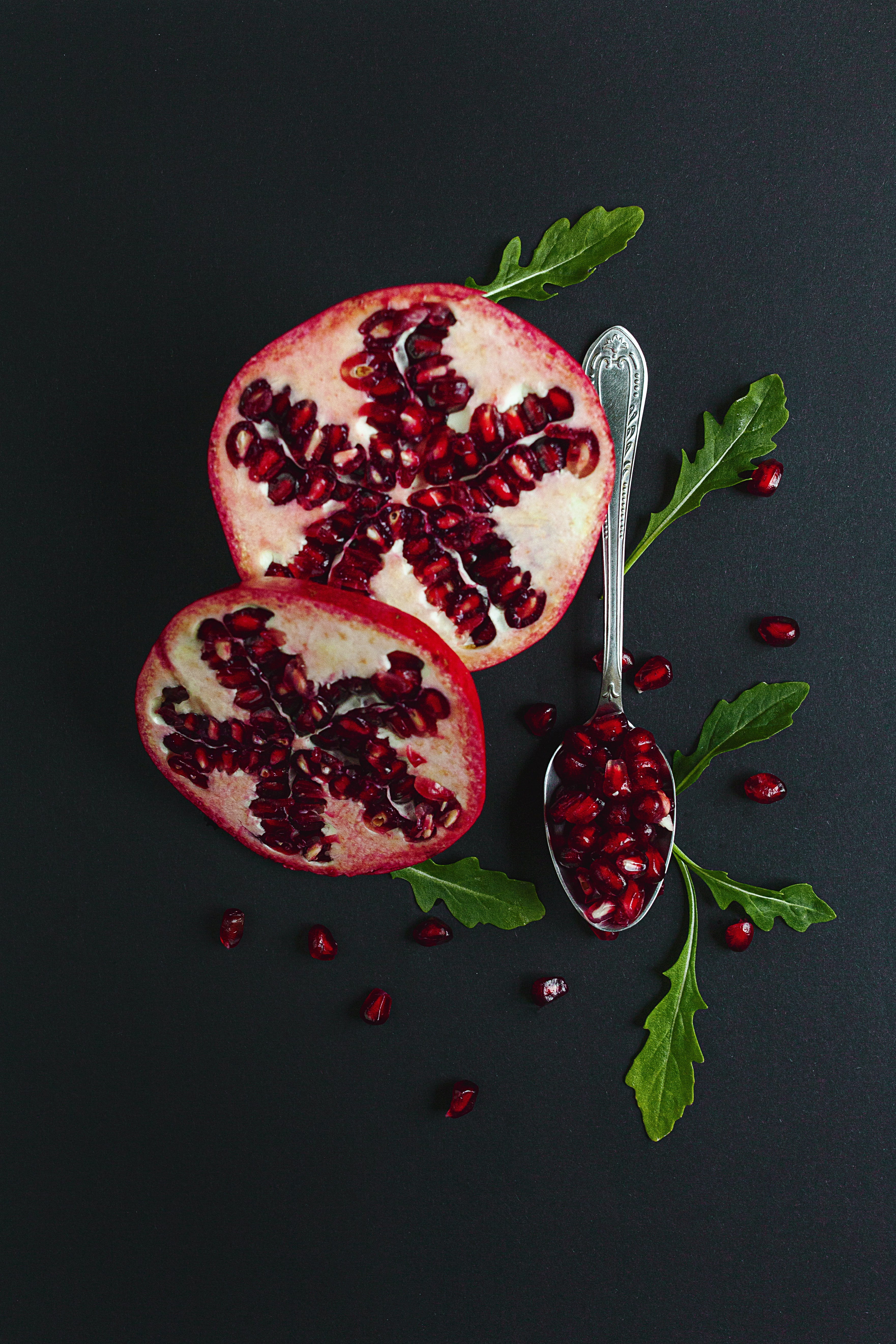 pomegranate, food, leaves, red, fruit, garnet, spoon