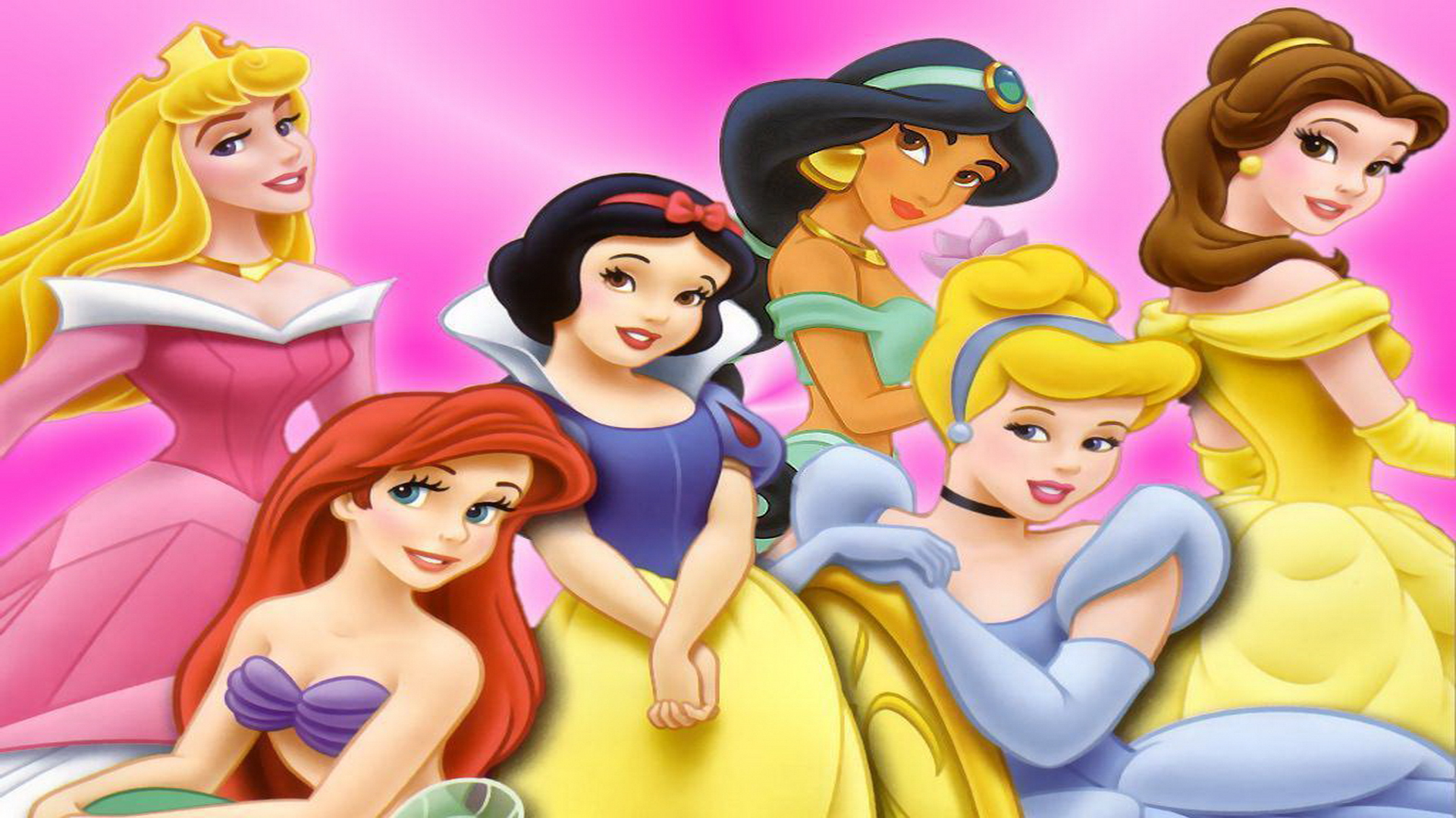 disney princess, disney, cinderella, movie, ariel (the little mermaid), aurora (sleeping beauty), belle (beauty and the beast), black hair, blonde, brown hair, princess jasmine, red hair, snow white