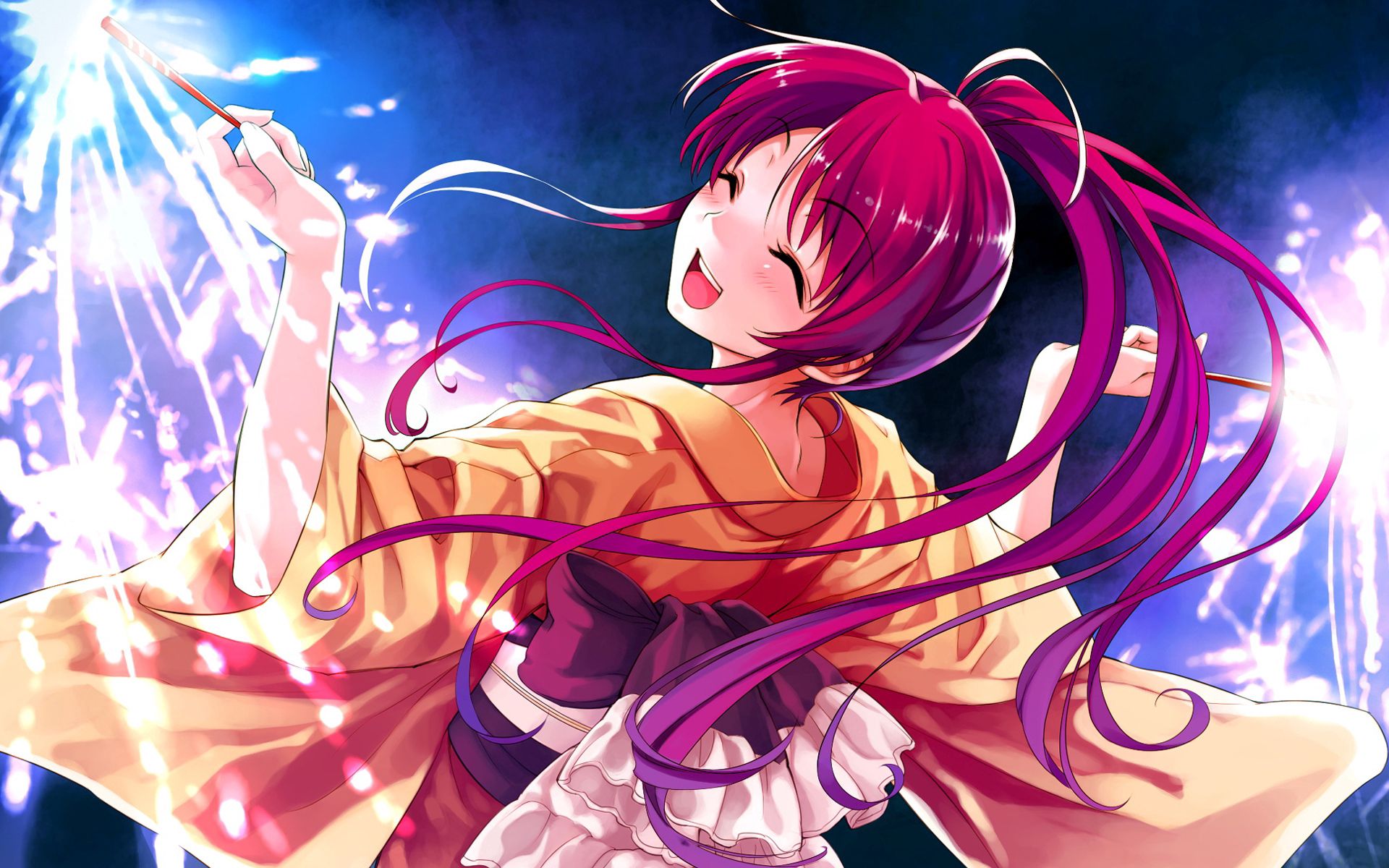 63316 descargar imagen anime, cabello, rojo, luces, niña, muchacha, kimono, quimono: fondos de pantalla y protectores de pantalla gratis