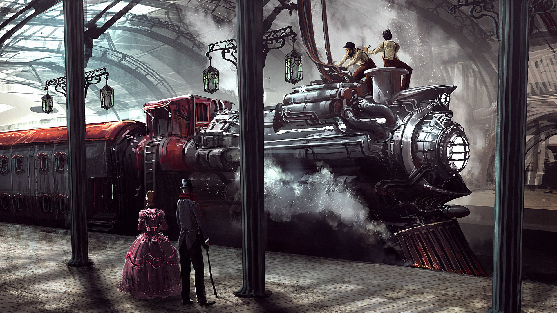 sci fi, steampunk, locomotive, people, train station, train