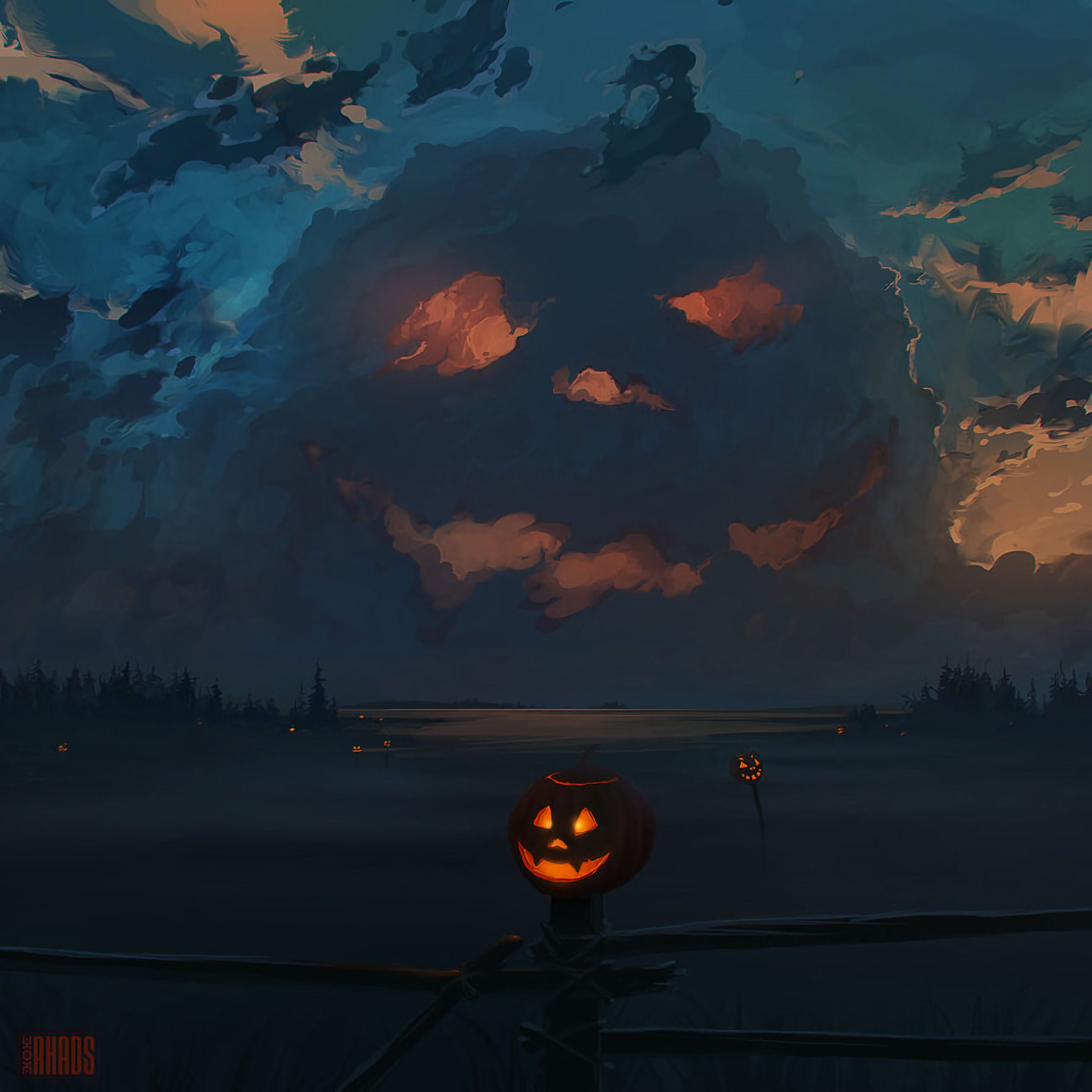 halloween, jack lamp, pumpkin, holidays, art, clouds, jack's lamp High Definition image