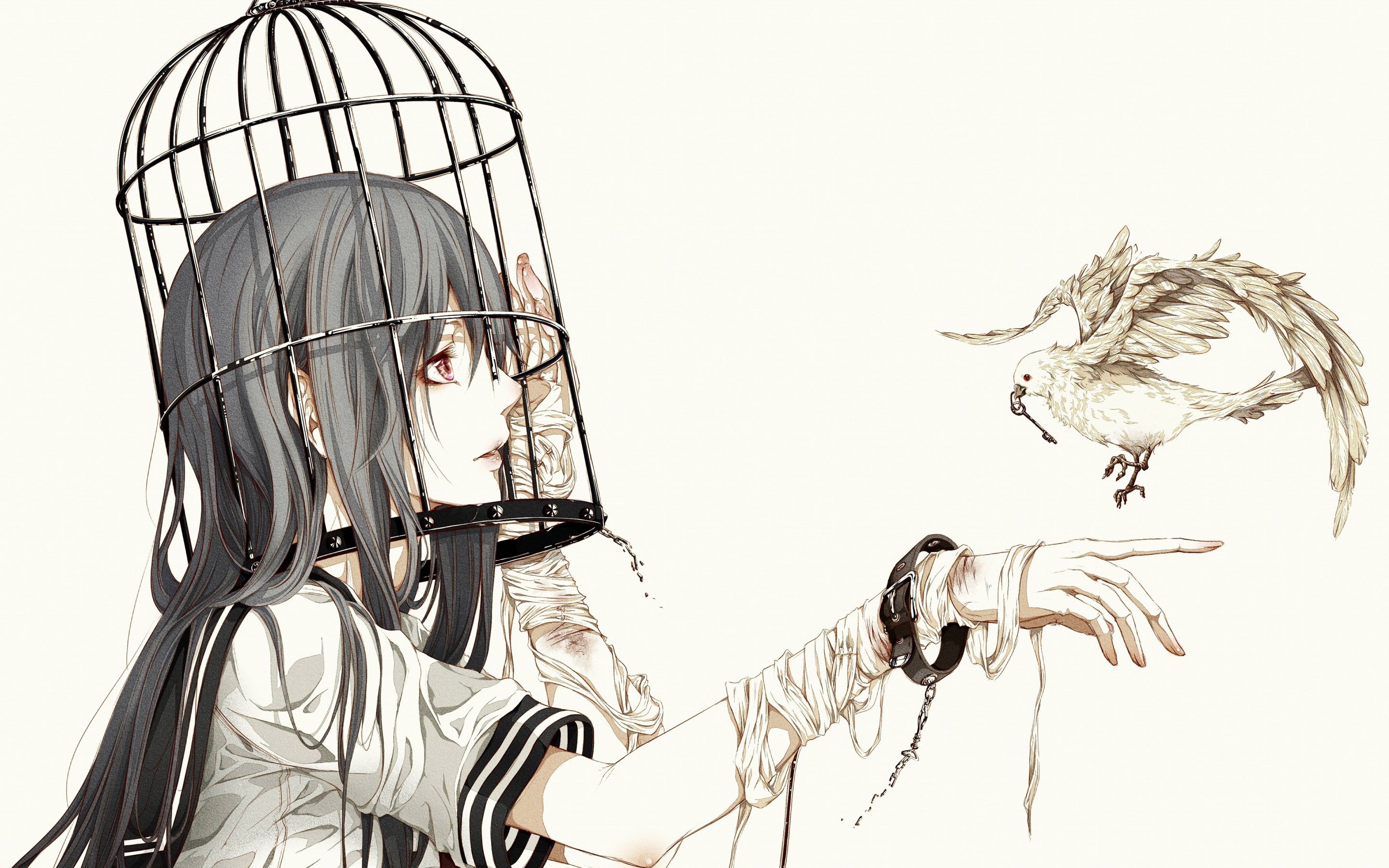 anime, original, bird, cage