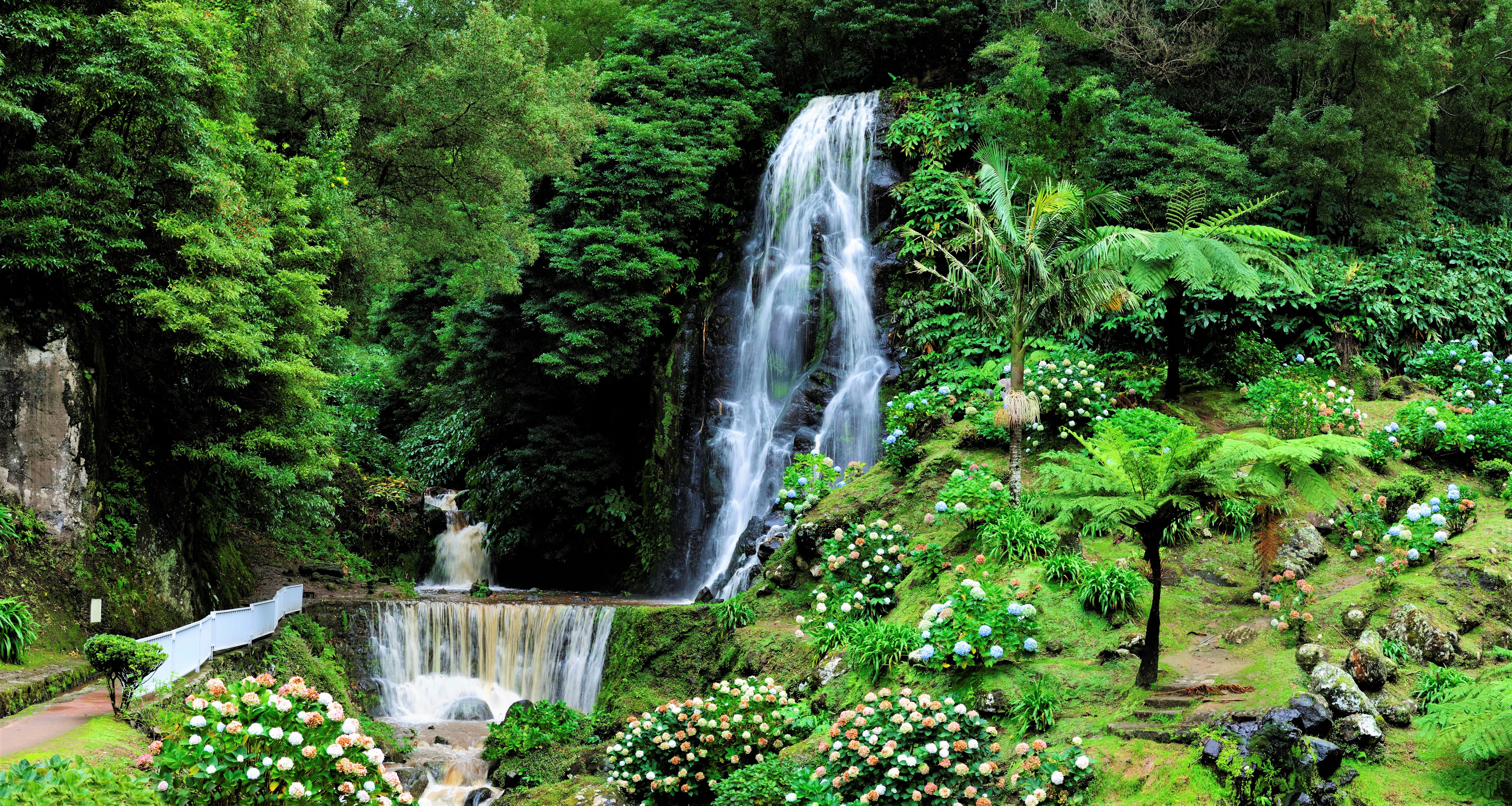 portugal, earth, waterfall, flower, garden, park, spring, waterfalls