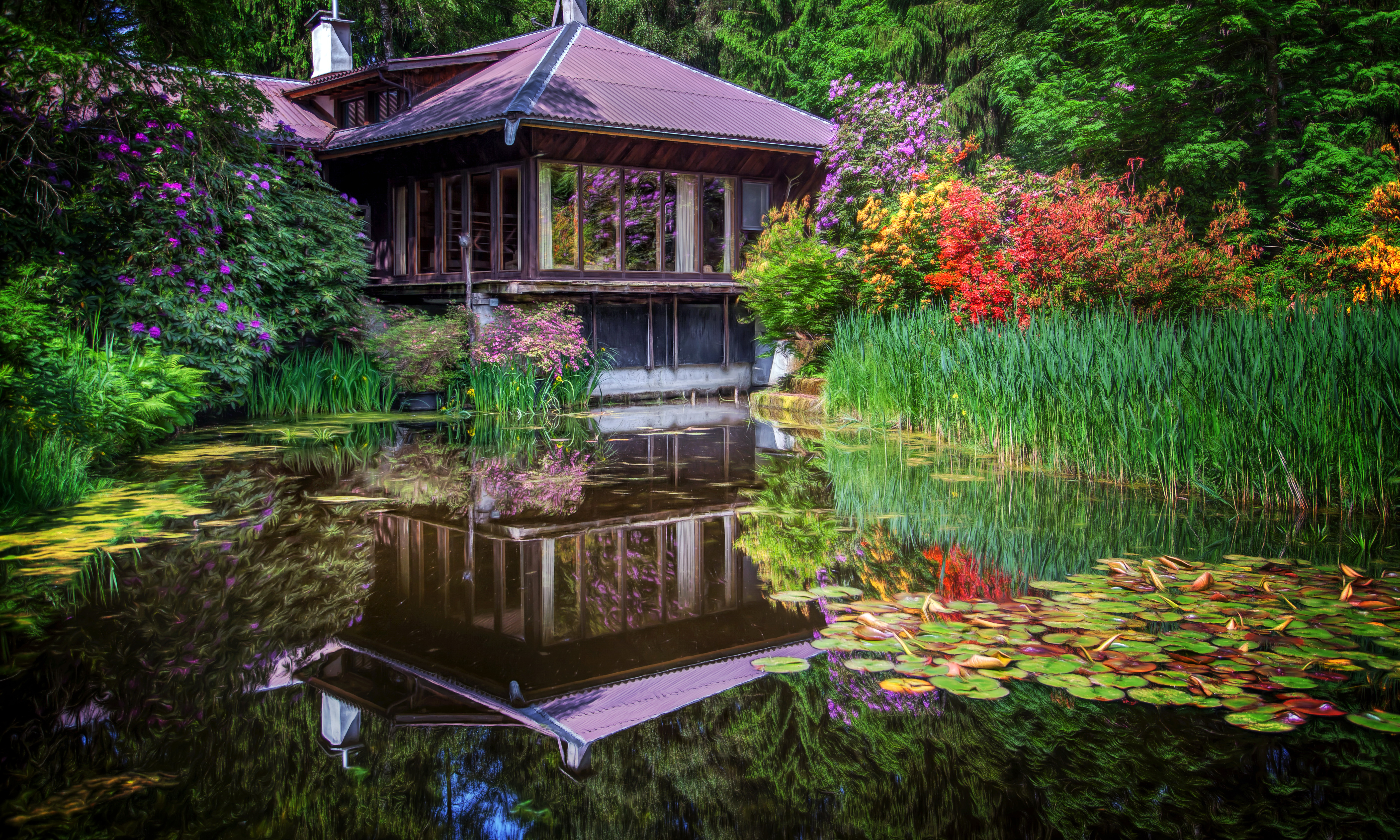 japanese garden, man made, flower, garden, pond, reflection, water wallpapers for tablet