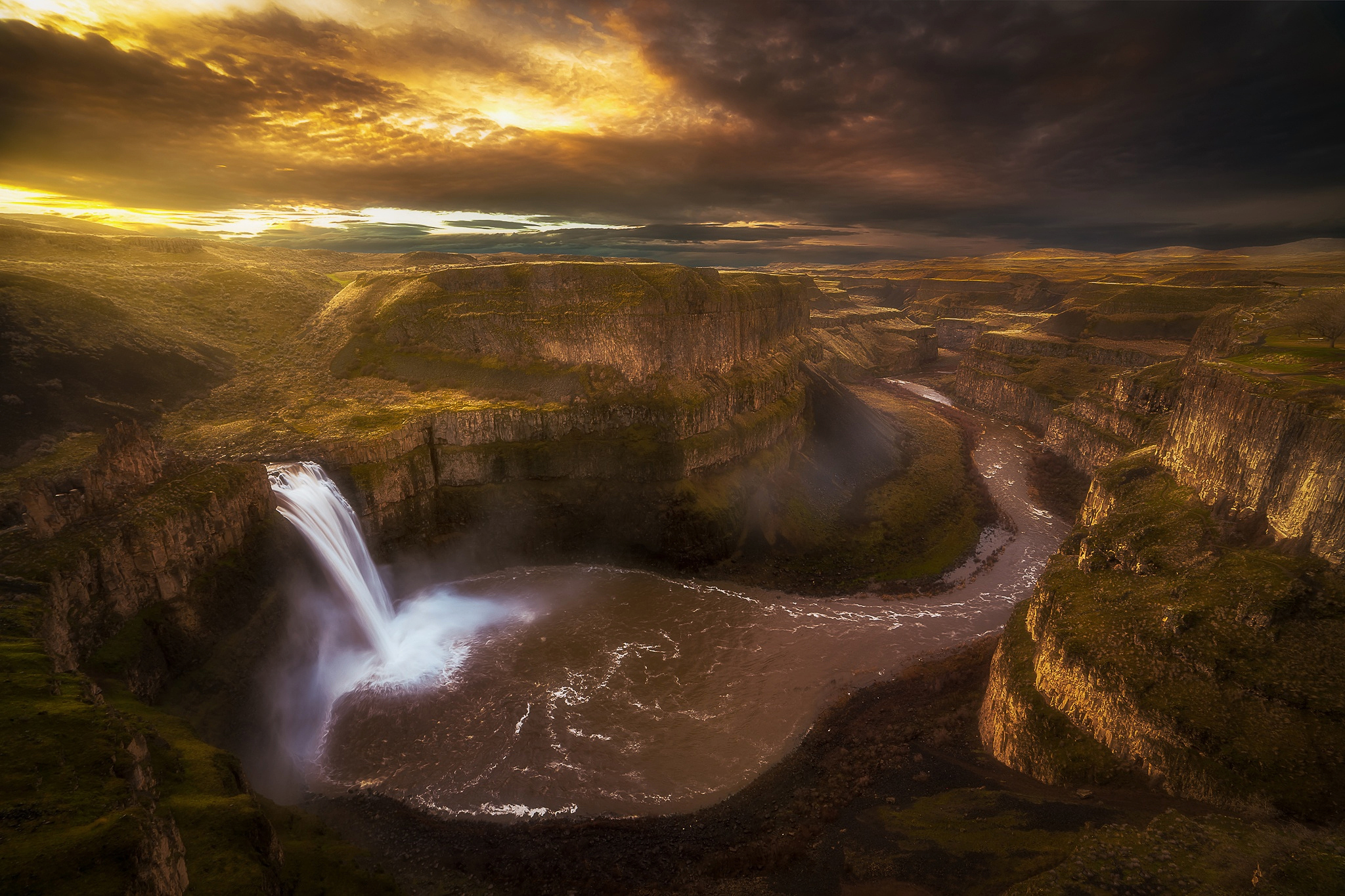 sunset, earth, palouse falls, canyon, landscape, waterfall, waterfalls Phone Background