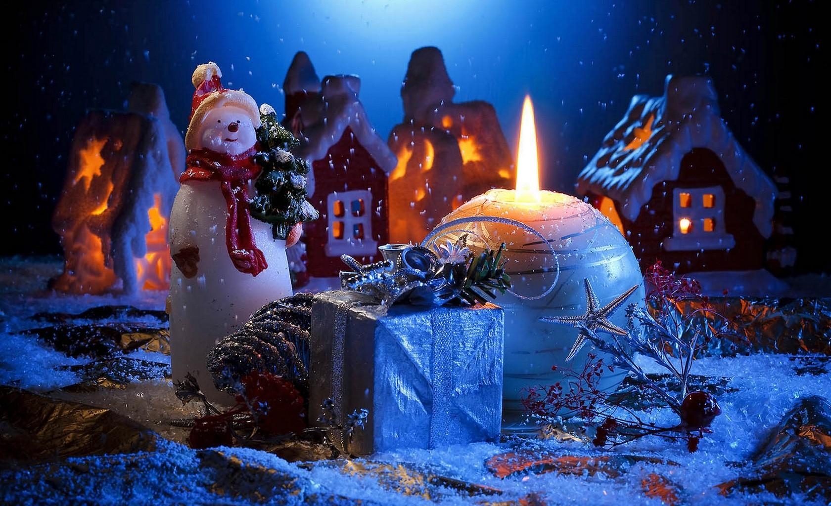 new year, holidays, houses, snowman, christmas, holiday, present, gift, candle Free Stock Photo
