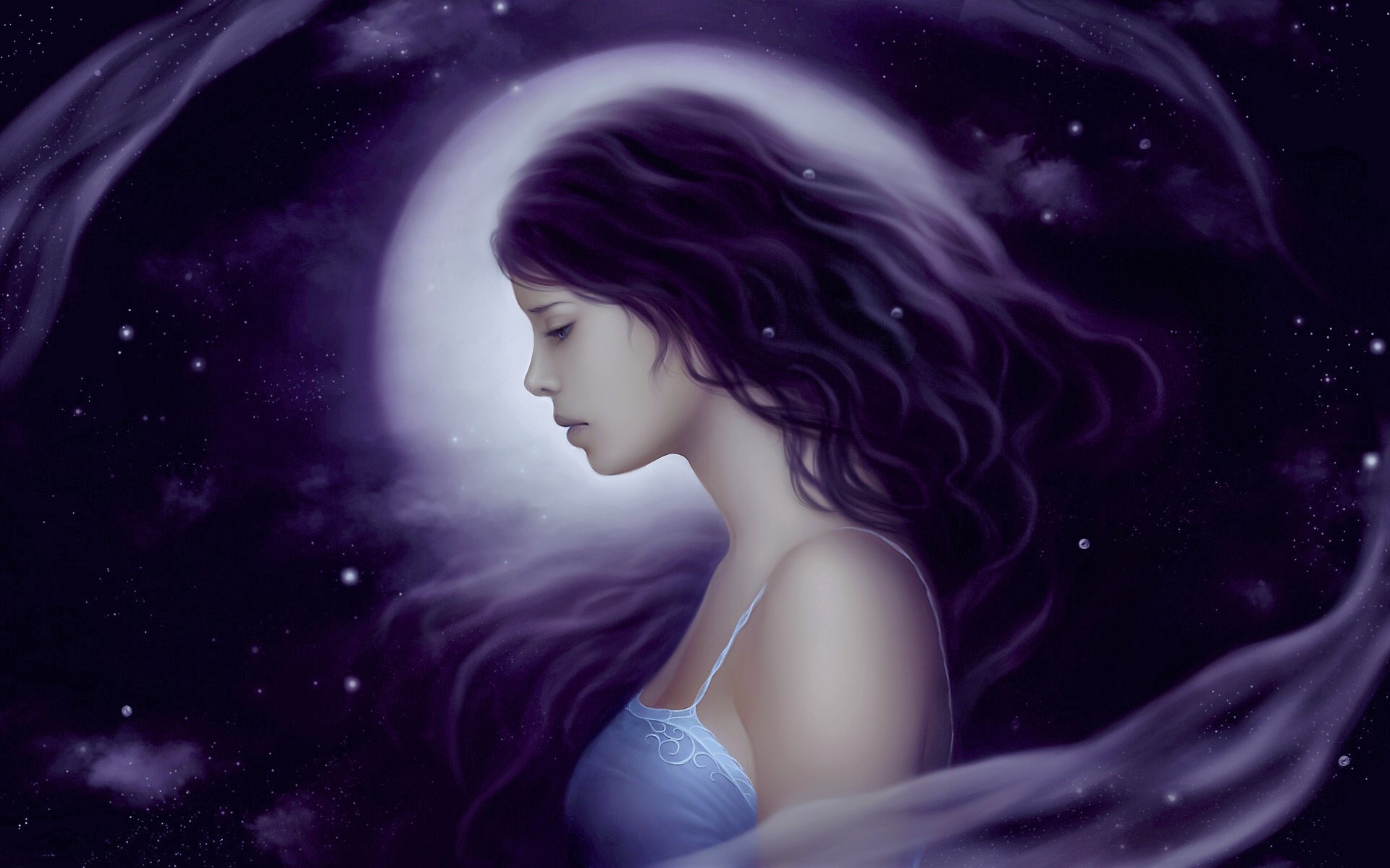 fantasy, women, moon, night, profile, purple cell phone wallpapers