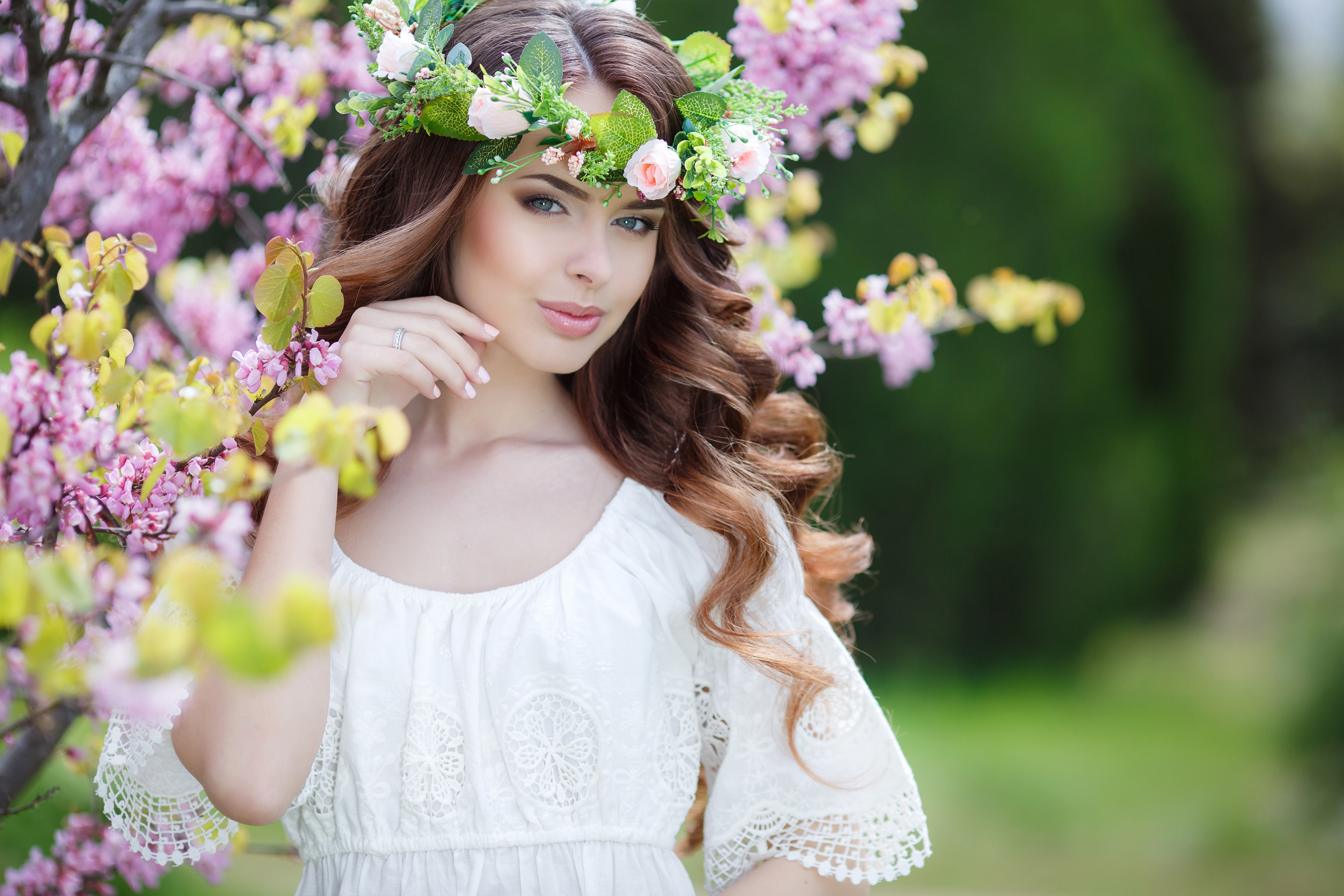 women, model, blossom, brunette, depth of field, white dress, wreath