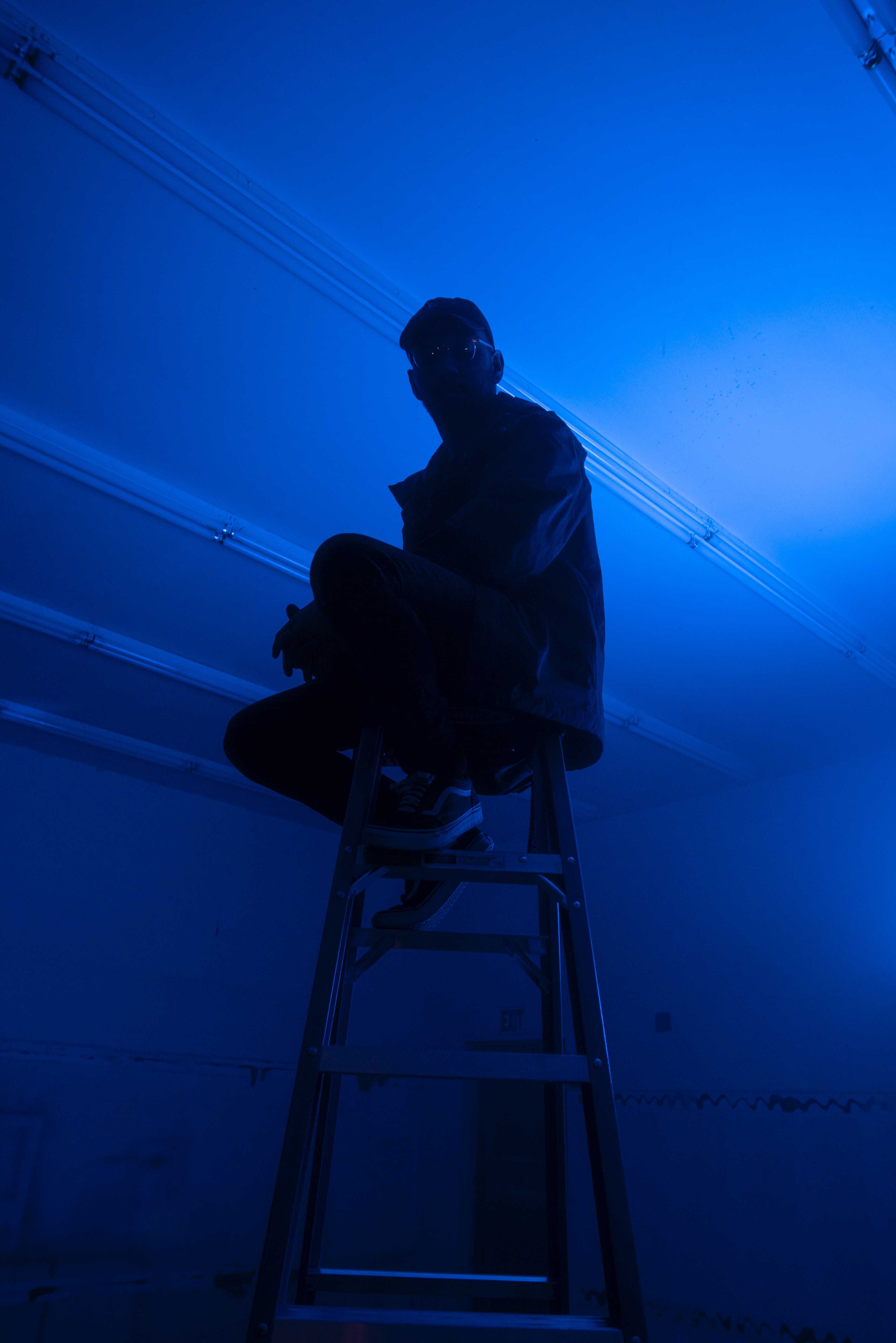 Full HD Wallpaper blue, dark, neon, stairs, ladder, human, person