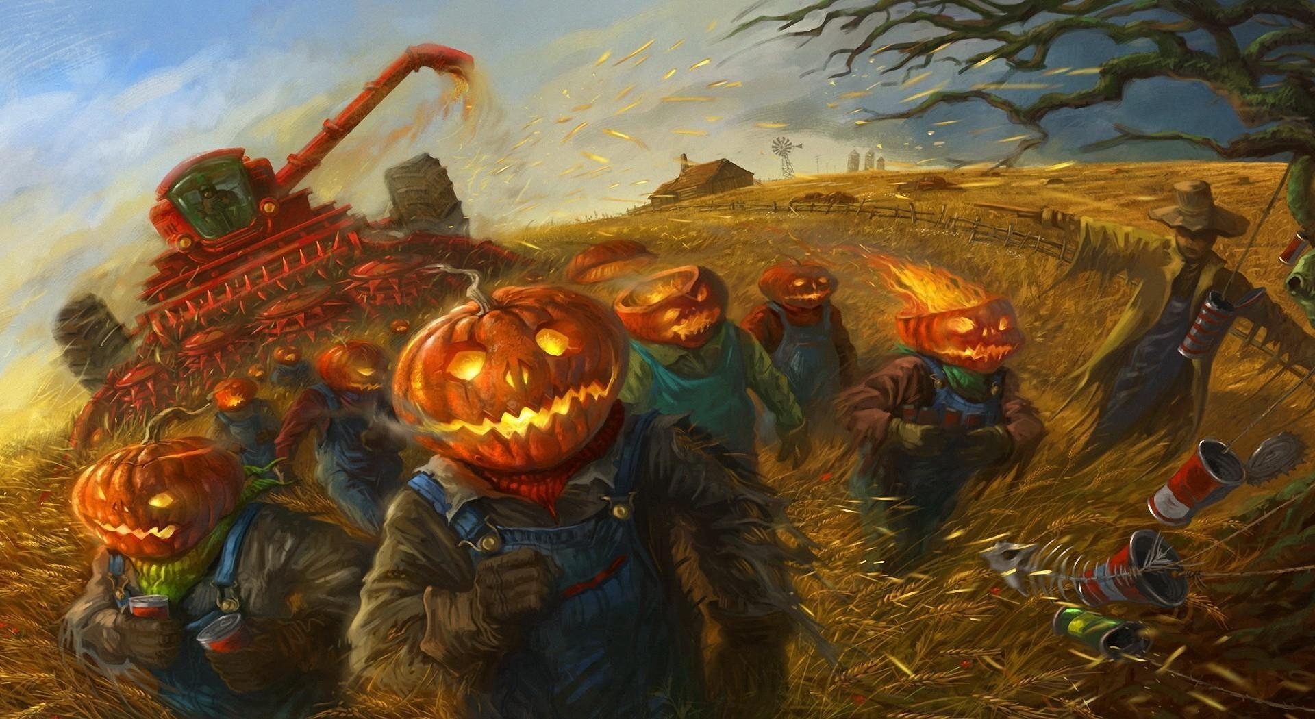 halloween, people, holidays, pumpkin, holiday, field, run, running, combine harvester, combine