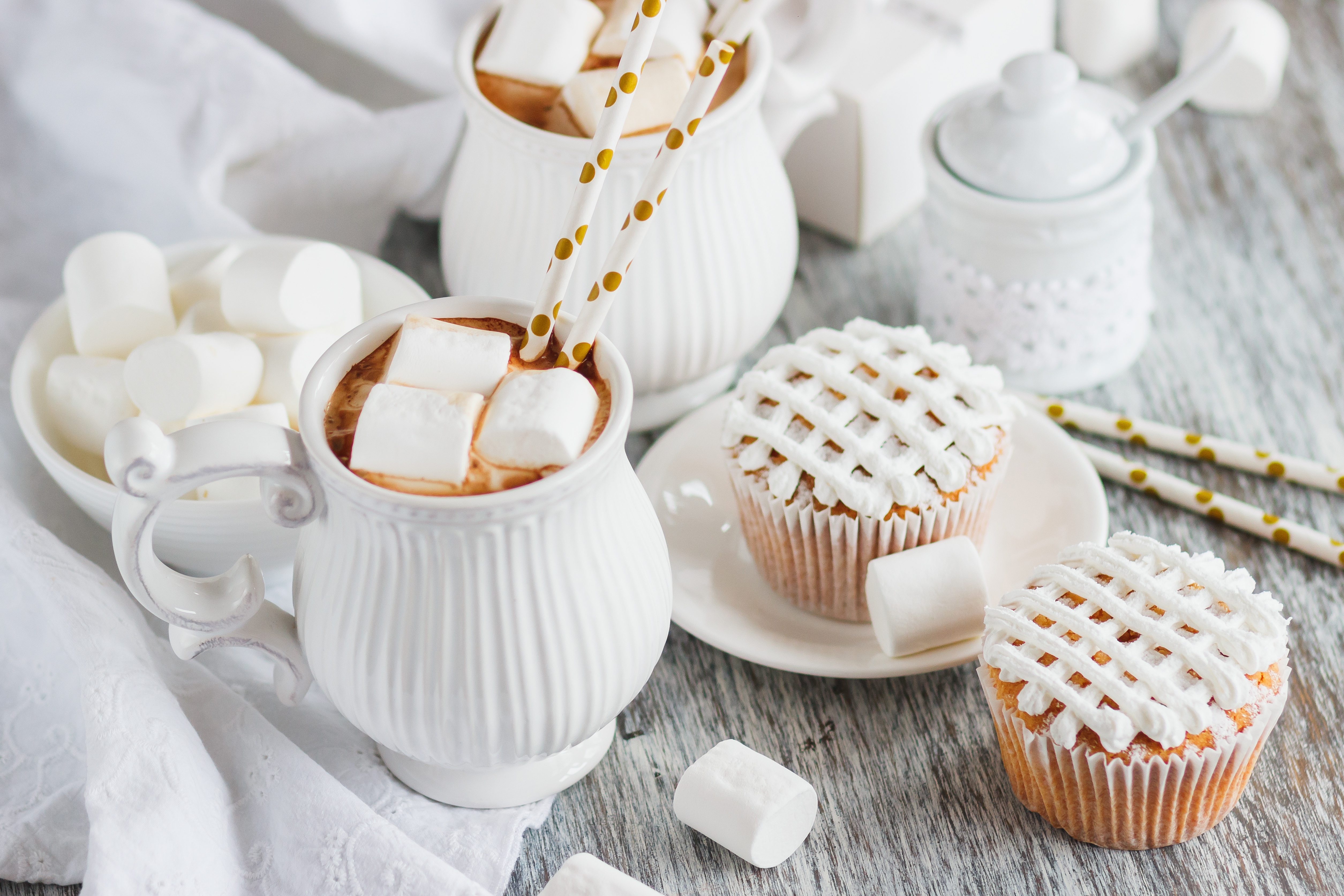 marshmallow, food, hot chocolate, muffin, still life