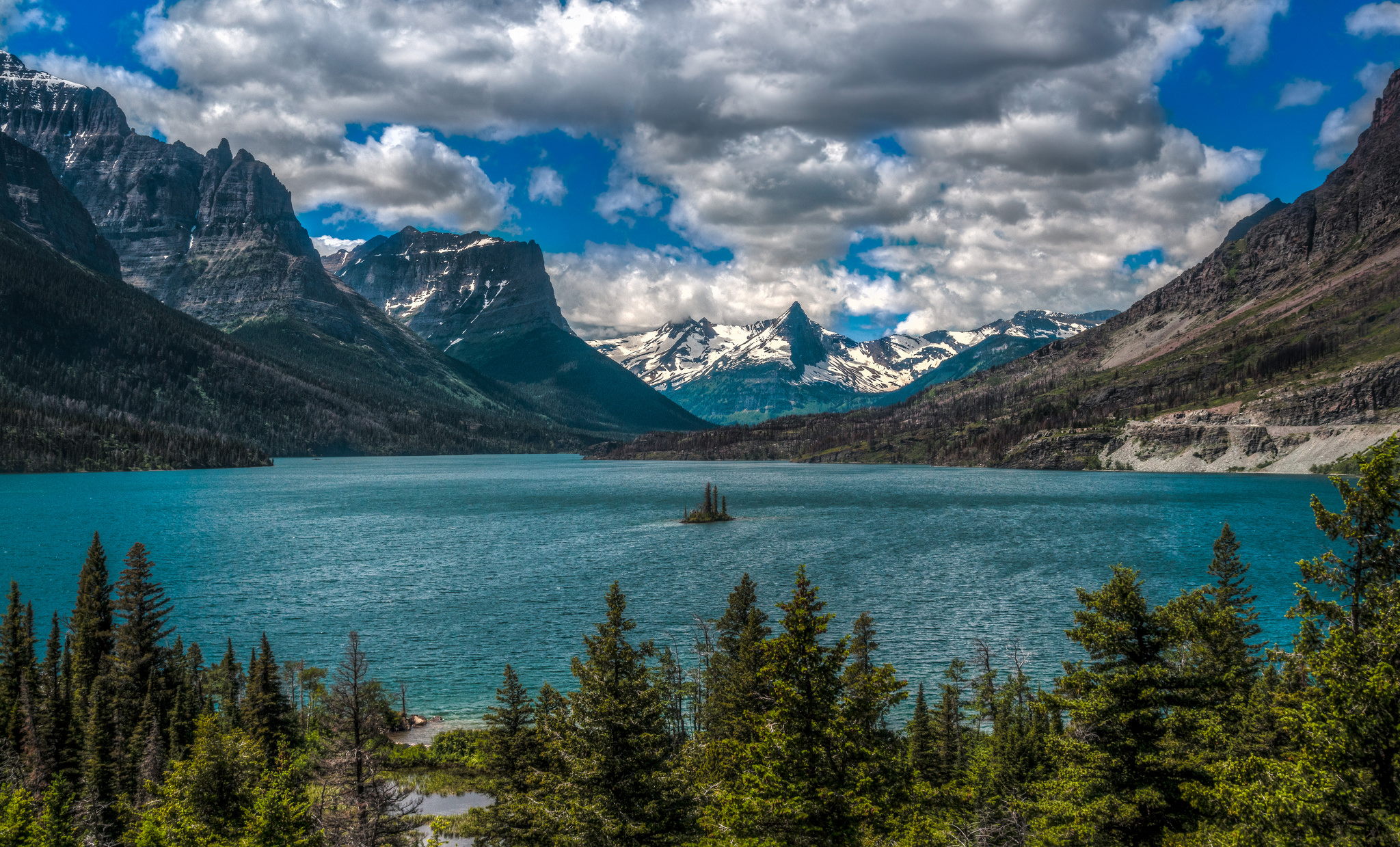 island, nature, earth, lake, cloud, glacier national park, montana, mountain, rocky mountains, saint mary lake, lakes