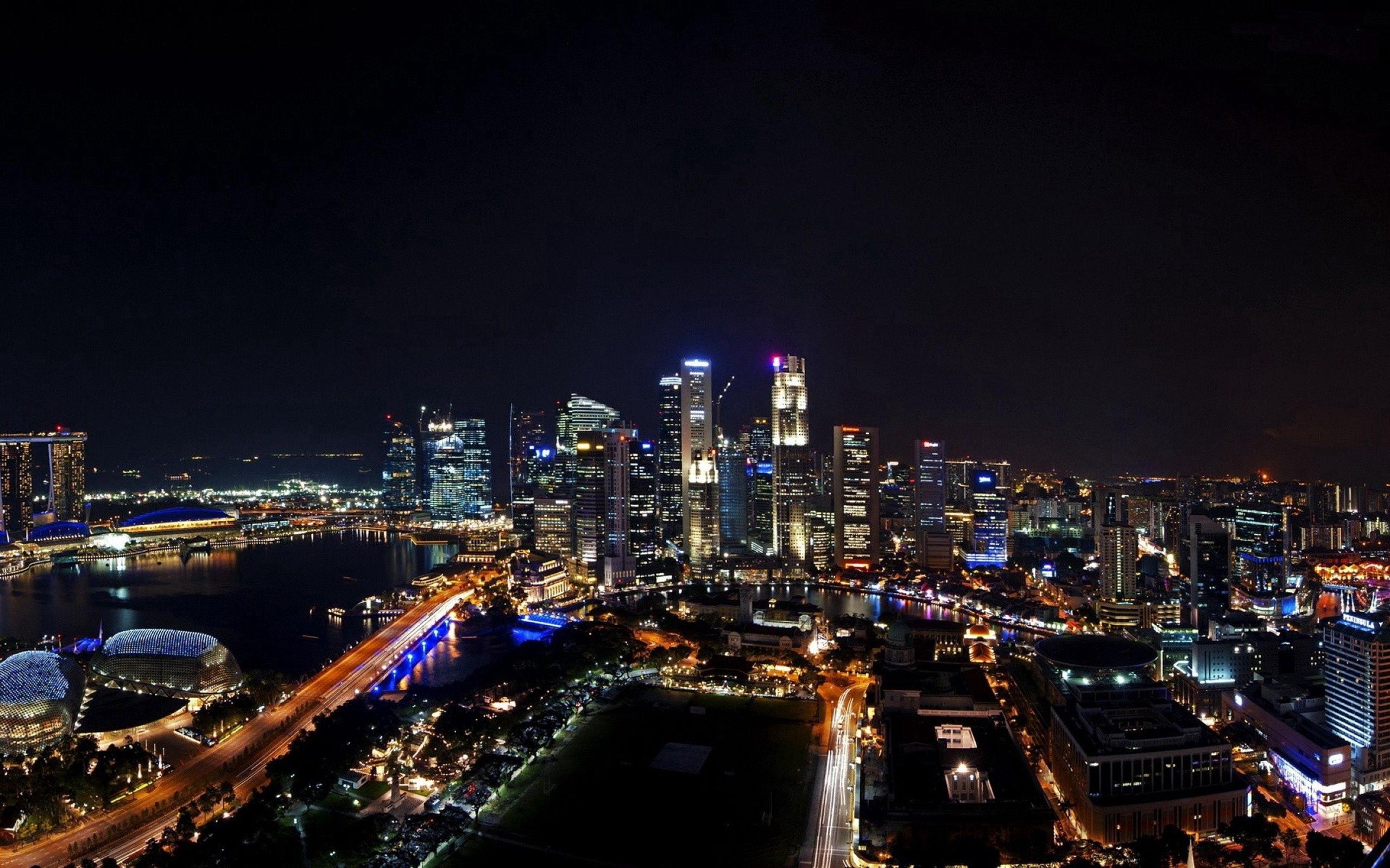 Скачать обои бесплатно Панорама, Город, Города, Сингапур, Ночь картинка на рабочий стол ПК