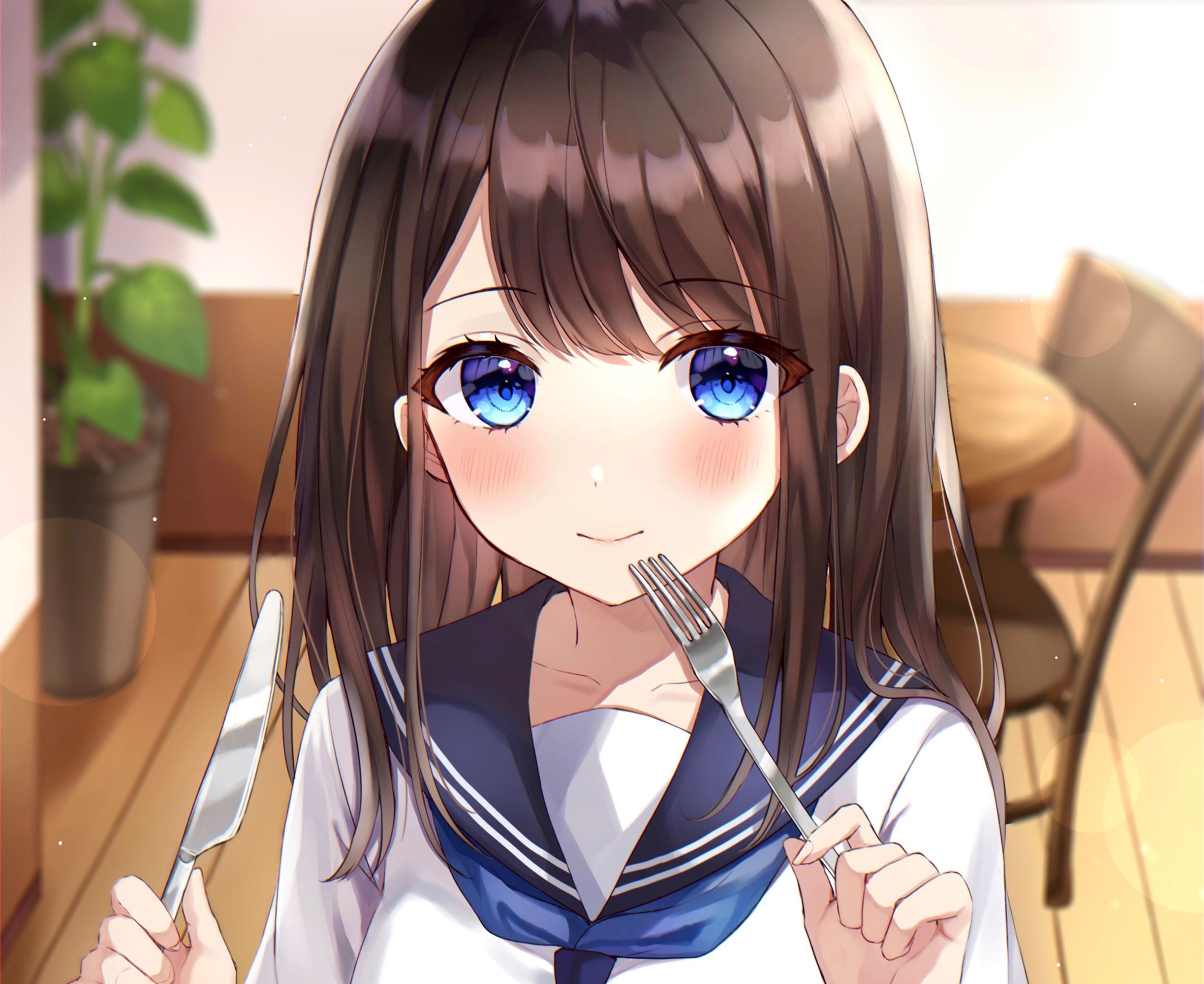 anime, original, blue eyes, brown hair, fork, knife 2160p