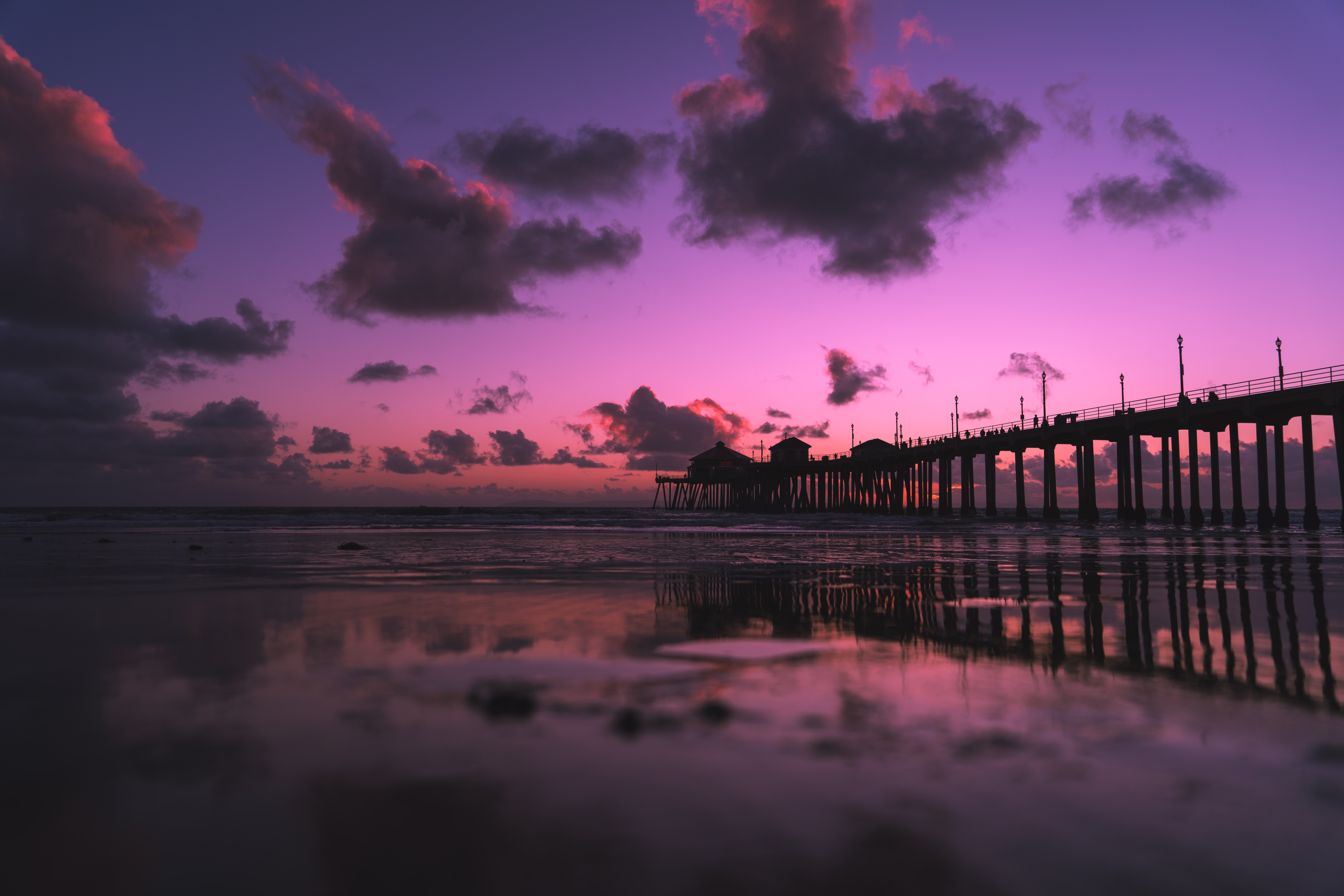 Download mobile wallpaper Clouds, Dusk, Twilight, Nature, Pier, Beach, Sea for free.