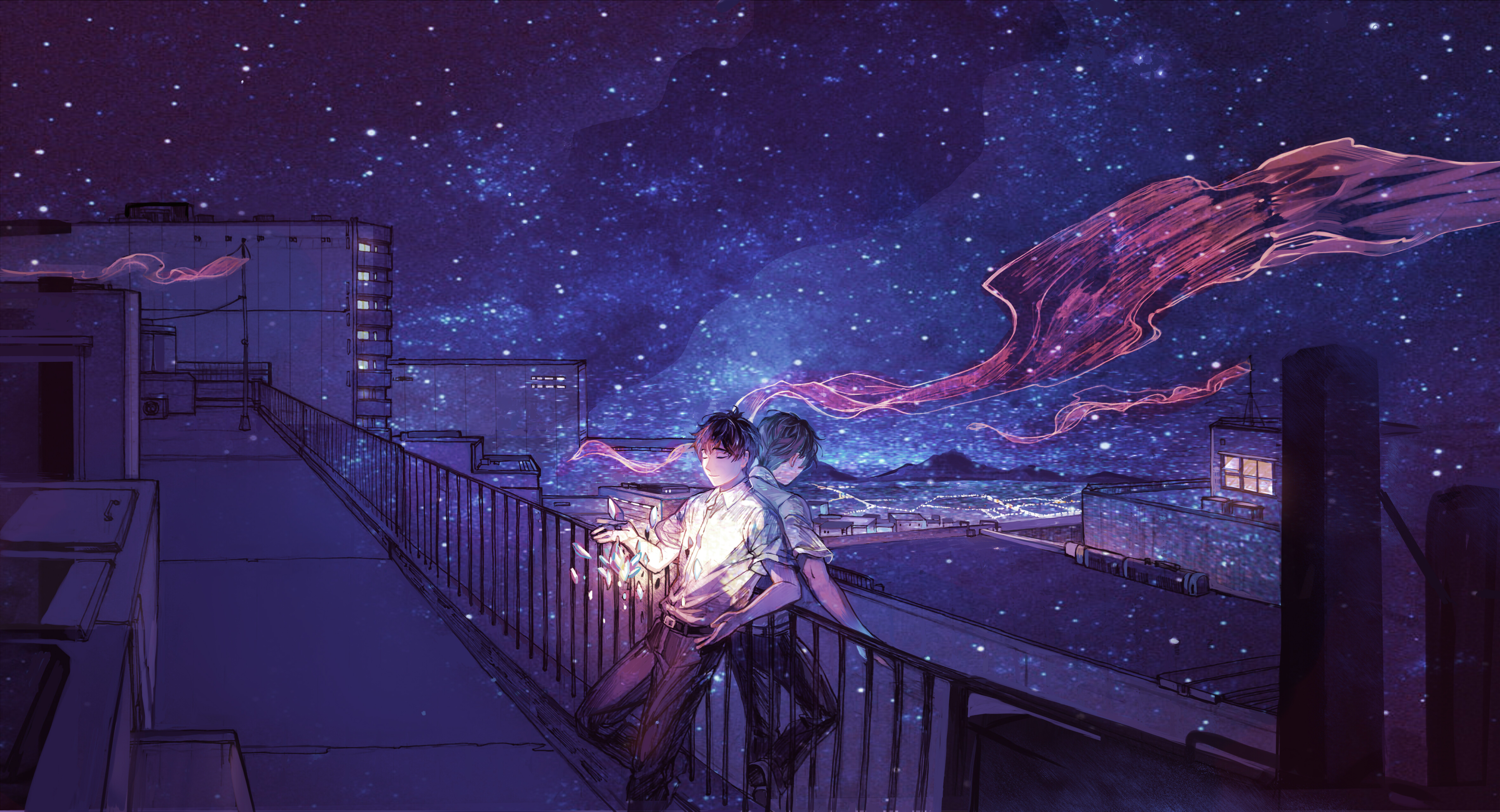 anime, original, city, night, roof, stars