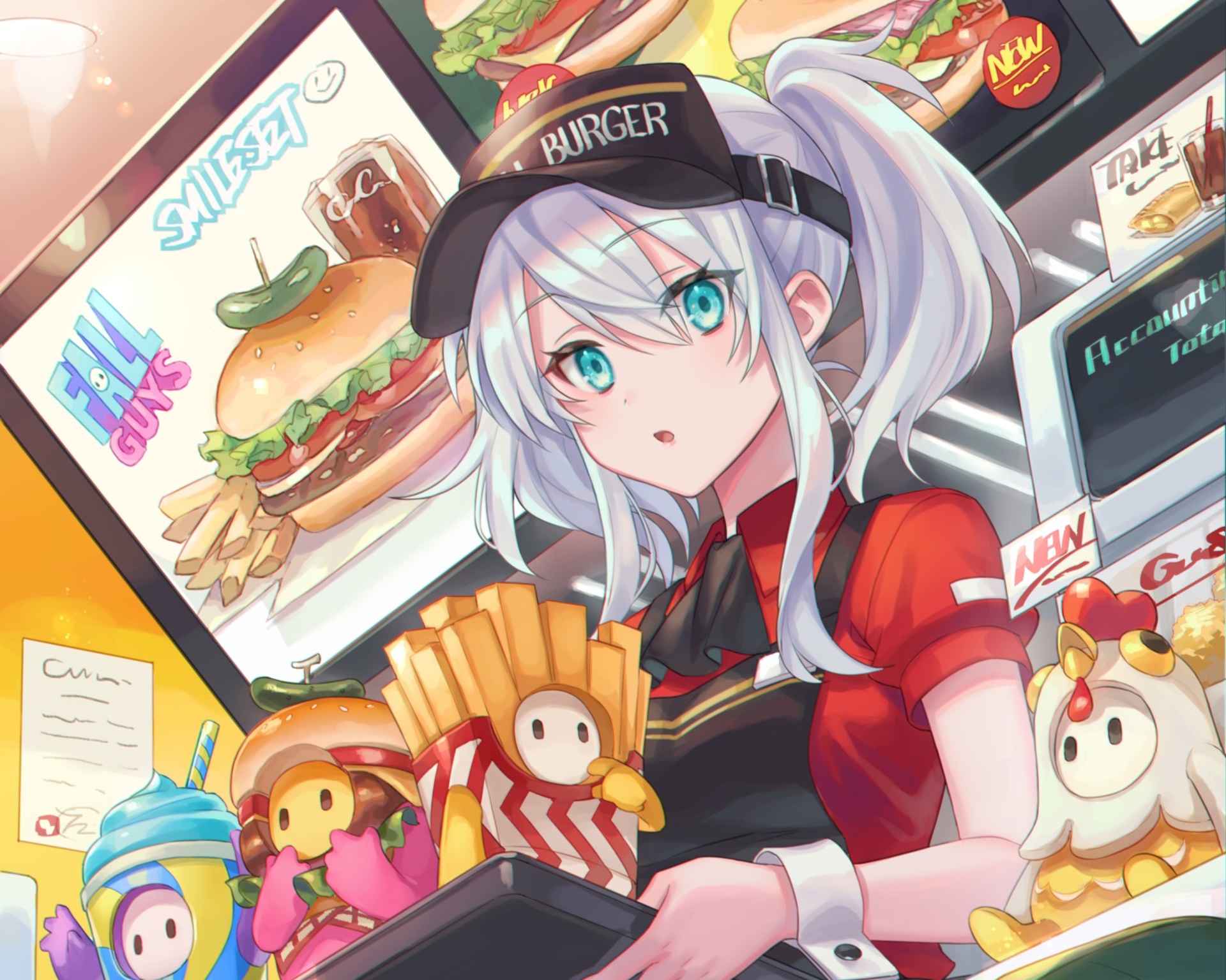 anime, original, aqua eyes, french fries, hamburger, white hair lock screen backgrounds