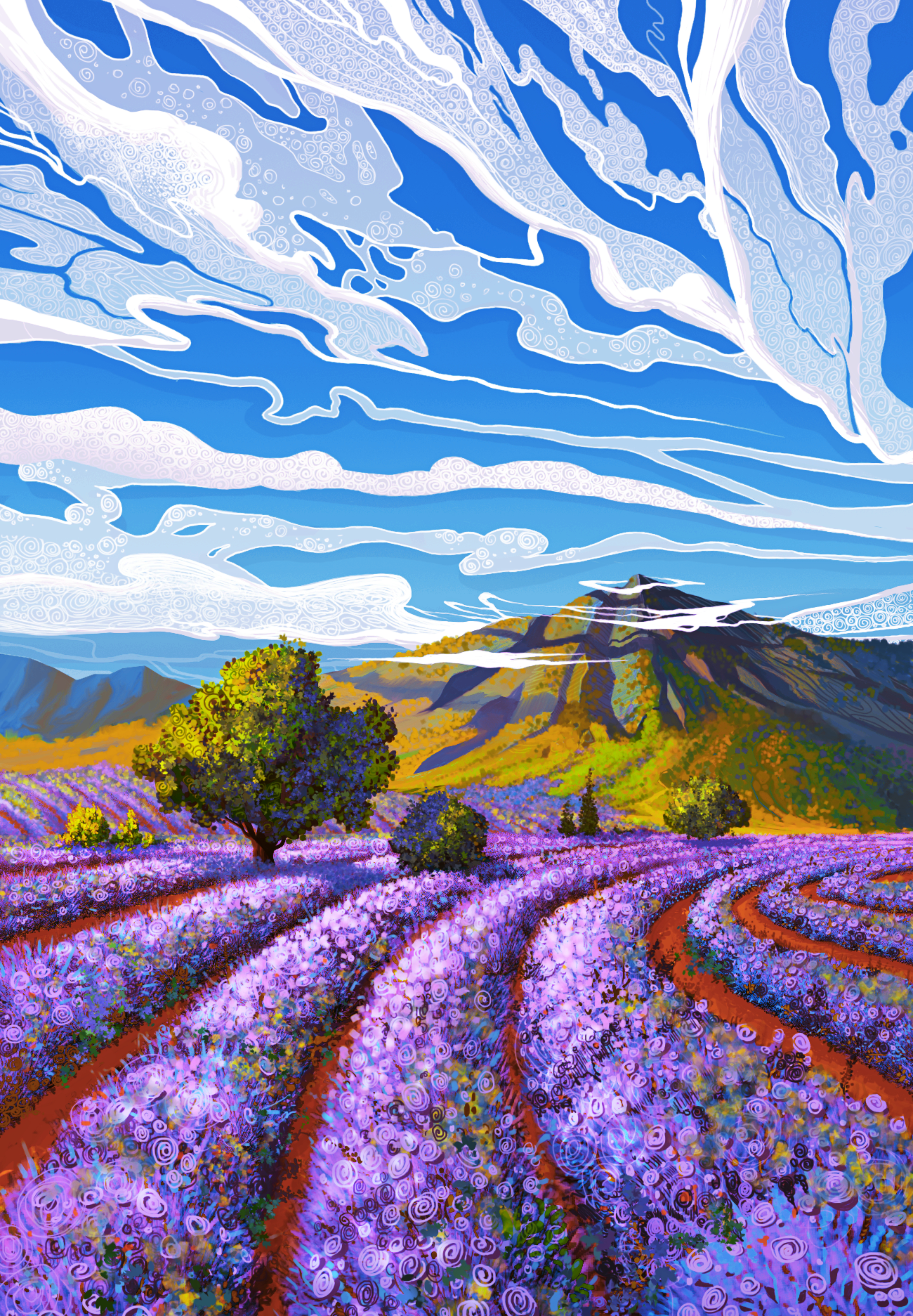 133289 Hintergrundbild herunterladen lavendel, kunst, landschaft, berg, feld - Bildschirmschoner und Bilder kostenlos